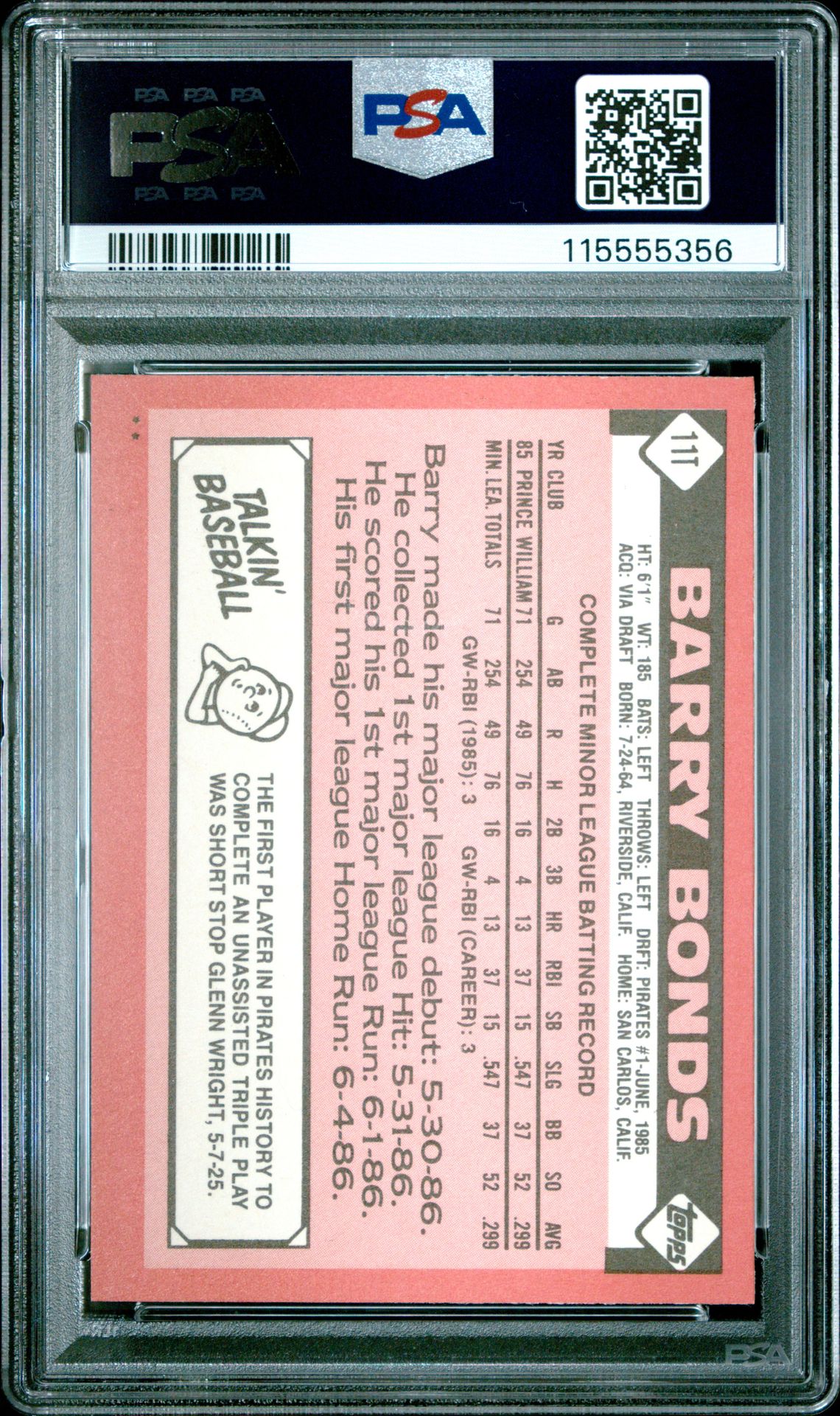 1986 Topps Traded Barry Bonds #11T Nm-Mt 8 back