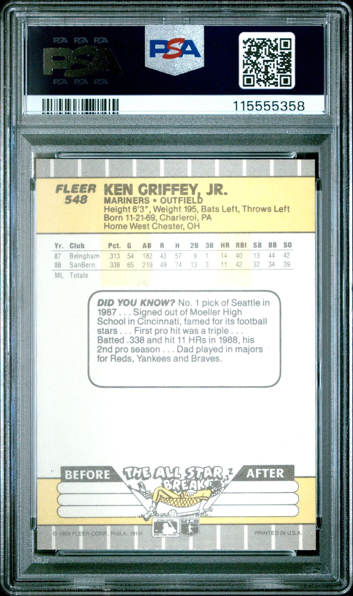 1989 Fleer Ken Griffey Jr. #548 Mint 9 back