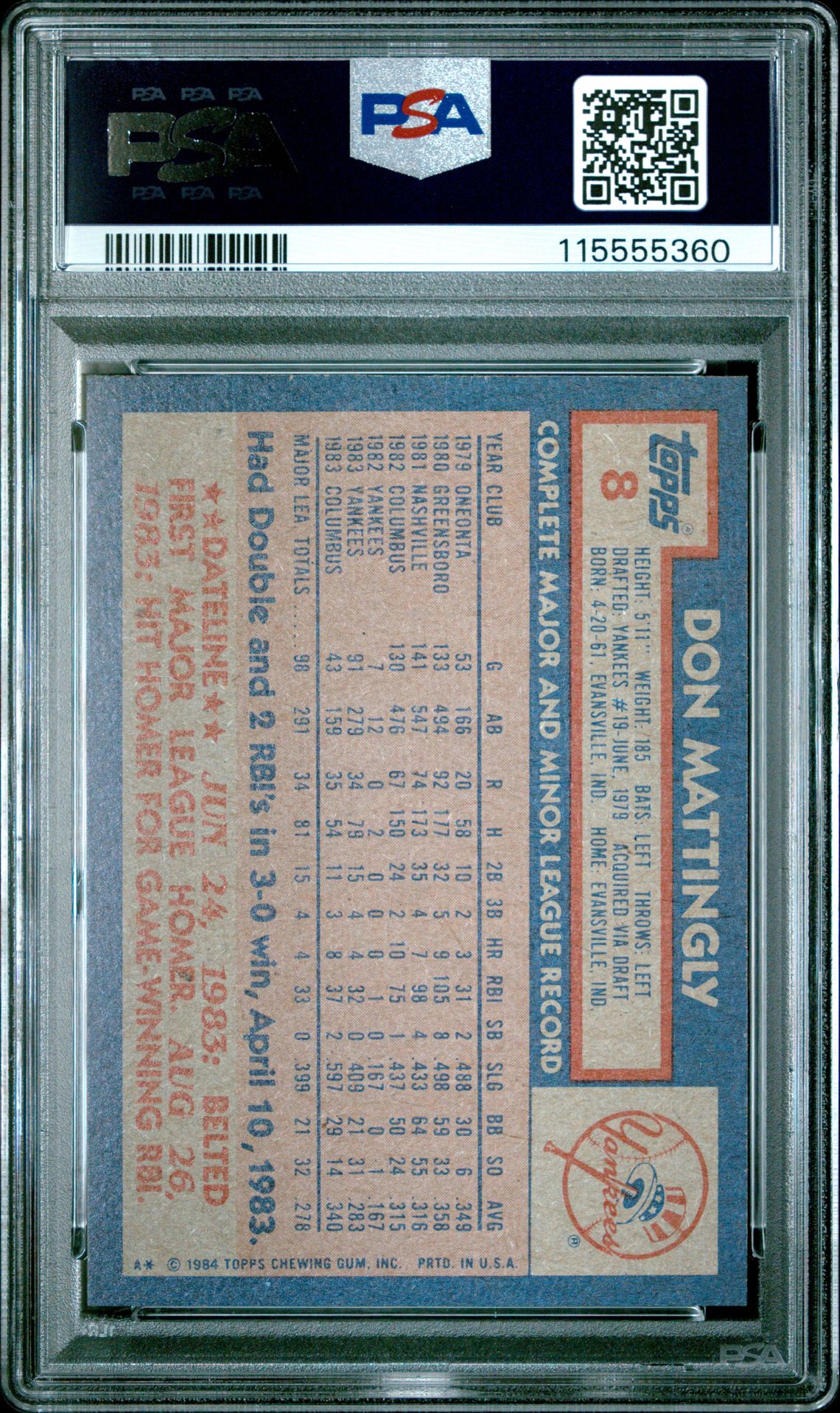 1984 Topps Don Mattingly #8 Nm-Mt 8 back
