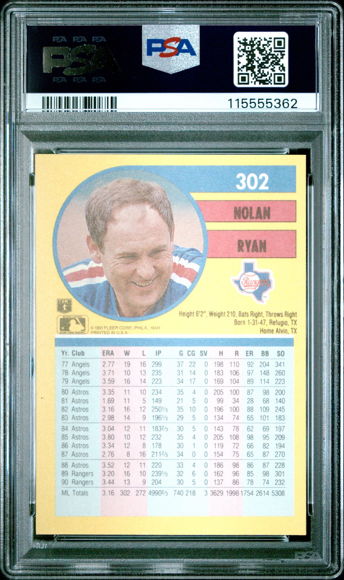 1991 Fleer Nolan Ryan #302 Gem Mt 10 back