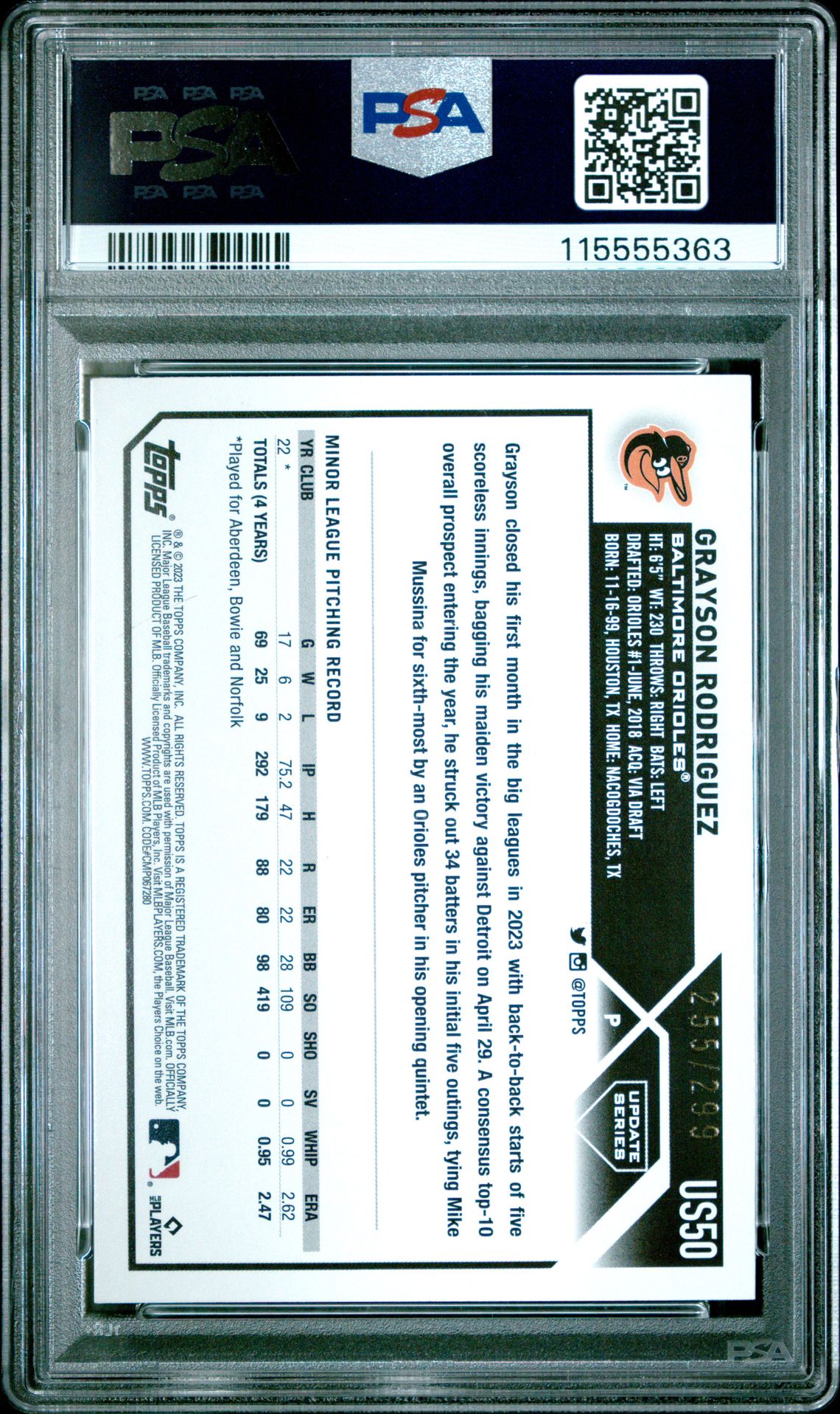 2023 Topps Update Grayson Rodriguez #Us50 (Orange Foil) Gem Mt 10 back