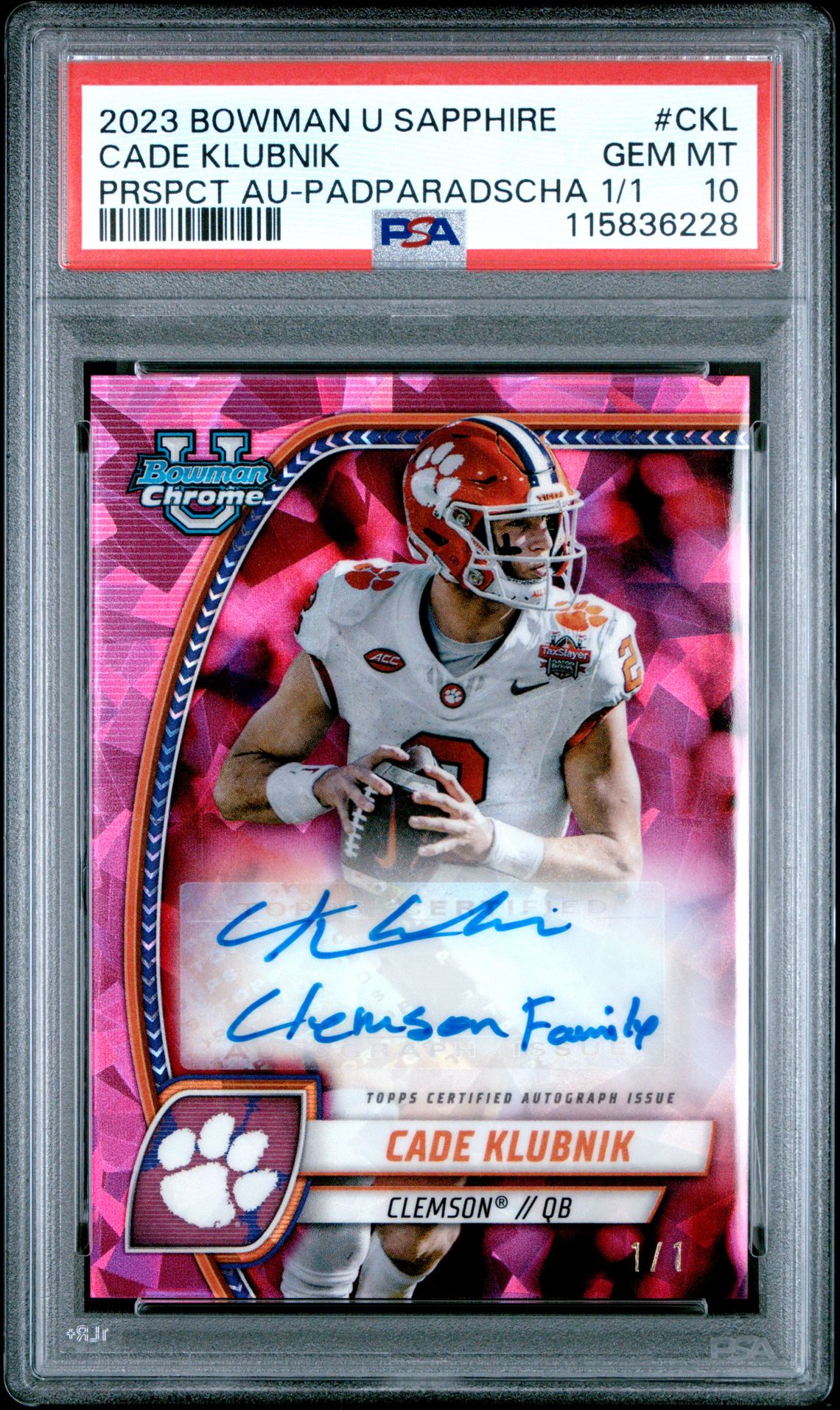 2024 Bowman BOWMAN UNIVERSITY CHROME BOWMAN CHROME SAPPHIRE PROSPECT AUTOGRAPHS CHR PRS AU-PADPARADSCHA 1/1 #PACKL Cade Klubnik front