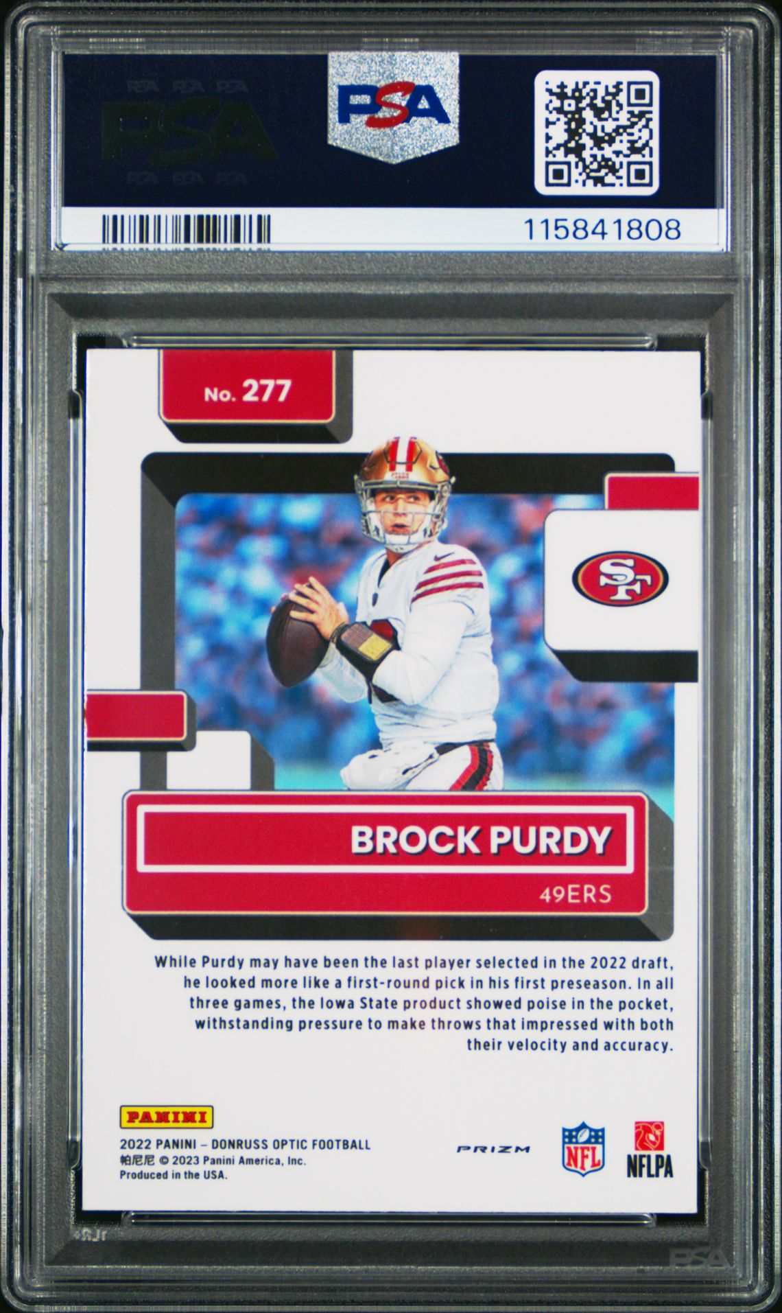 2022 Panini Donruss Optic Brock Purdy #277 (Purple Shock) Mint 9 back