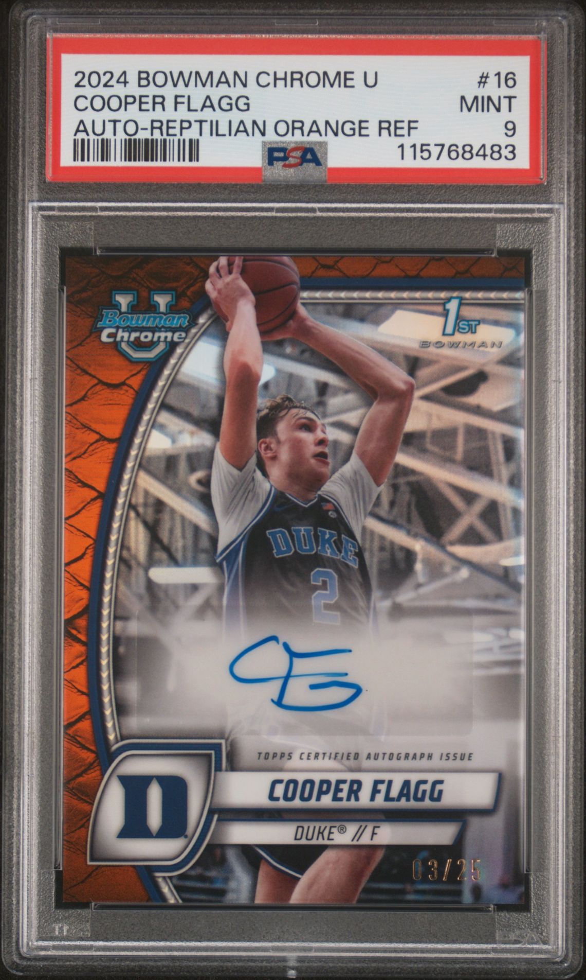 2024 Bowman Chrome University Cooper Flagg #16 (Auto-Reptilian Orange Ref) Mint 9 front