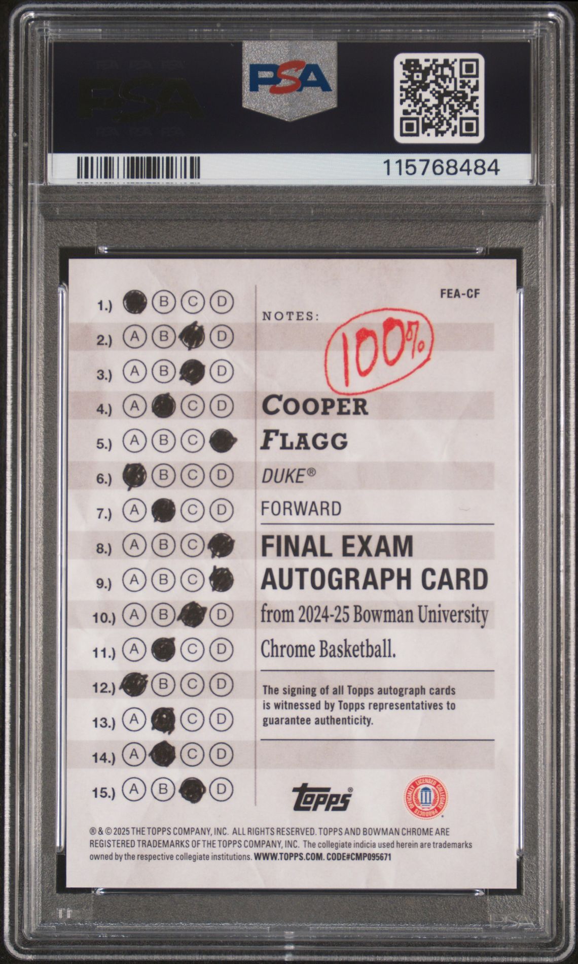 2024 Bowman Chrome University Final Exam Autographs Cooper Flagg #Feacf Gem Mt 10 back
