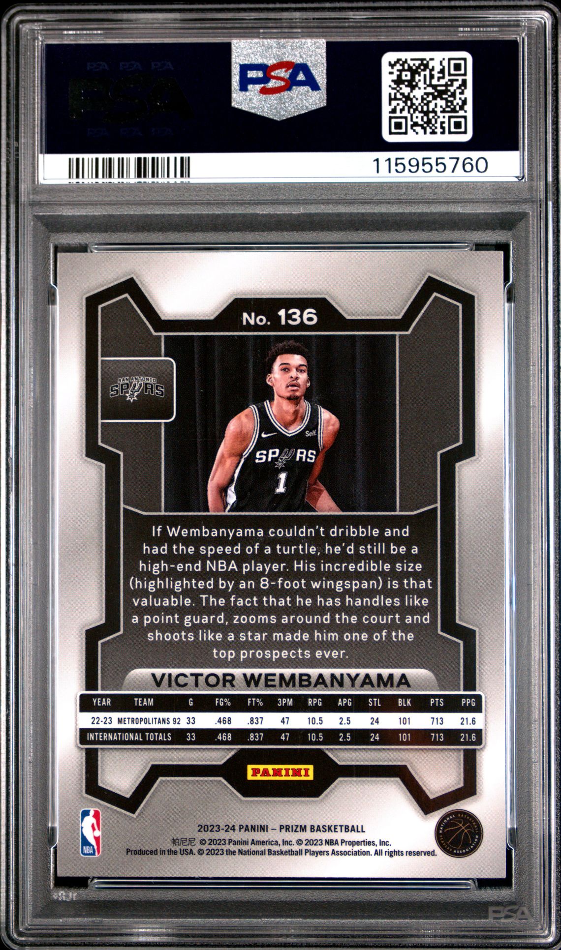 2023 Panini Prizm Victor Wembanyama #136 Gem Mt 10 back view - PSA certificate #115955760