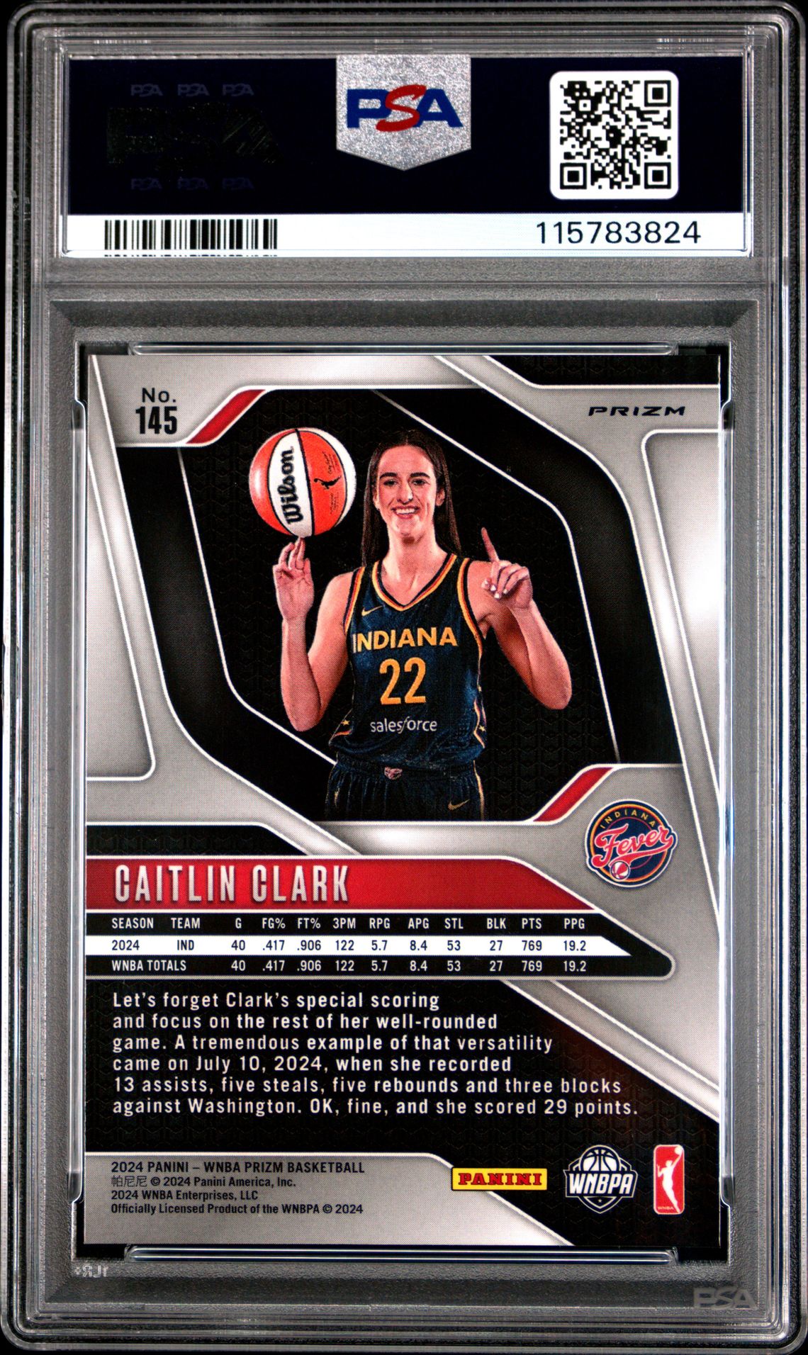 2024 Panini Prizm Wnba Caitlin Clark #145 (Ice) Gem Mt 10 back