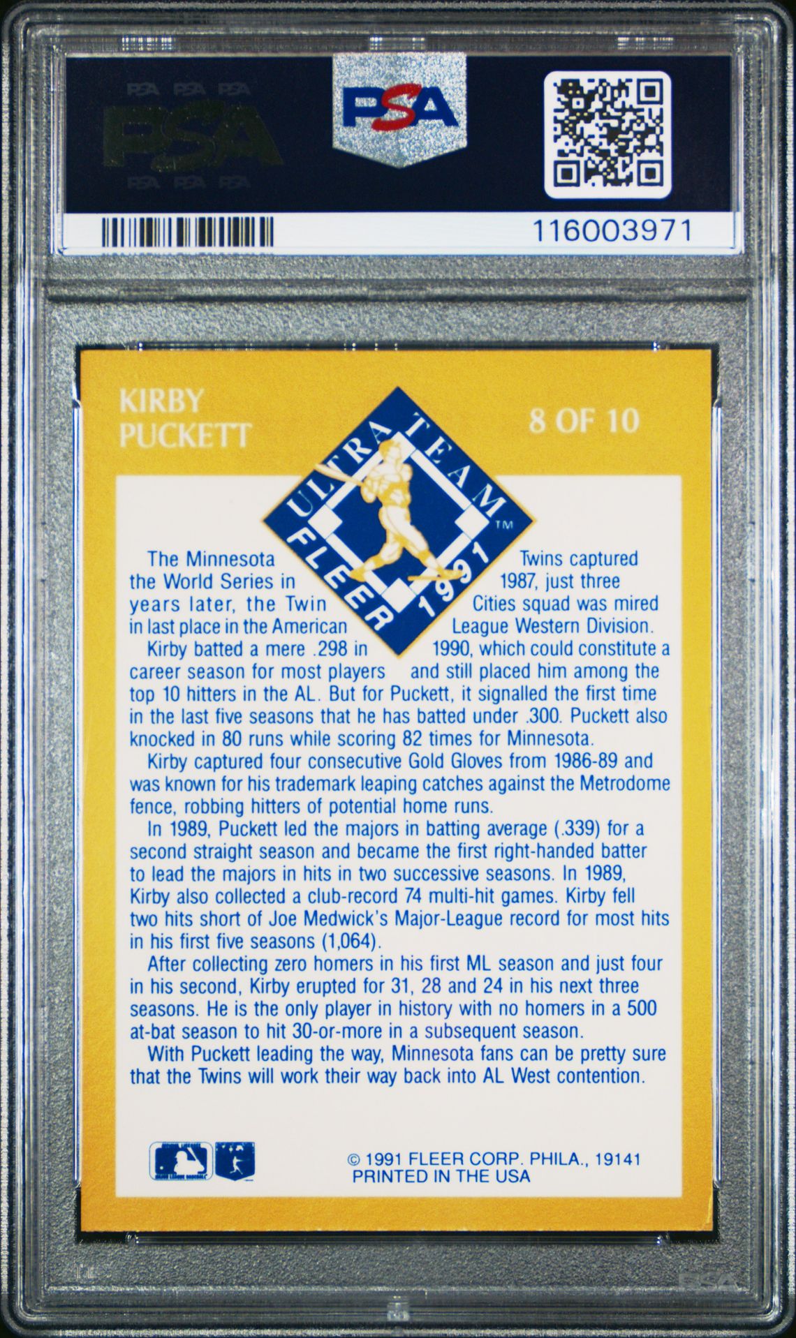 1991 Ultra Gold Kirby Puckett #8 Ex-Mt 6 back