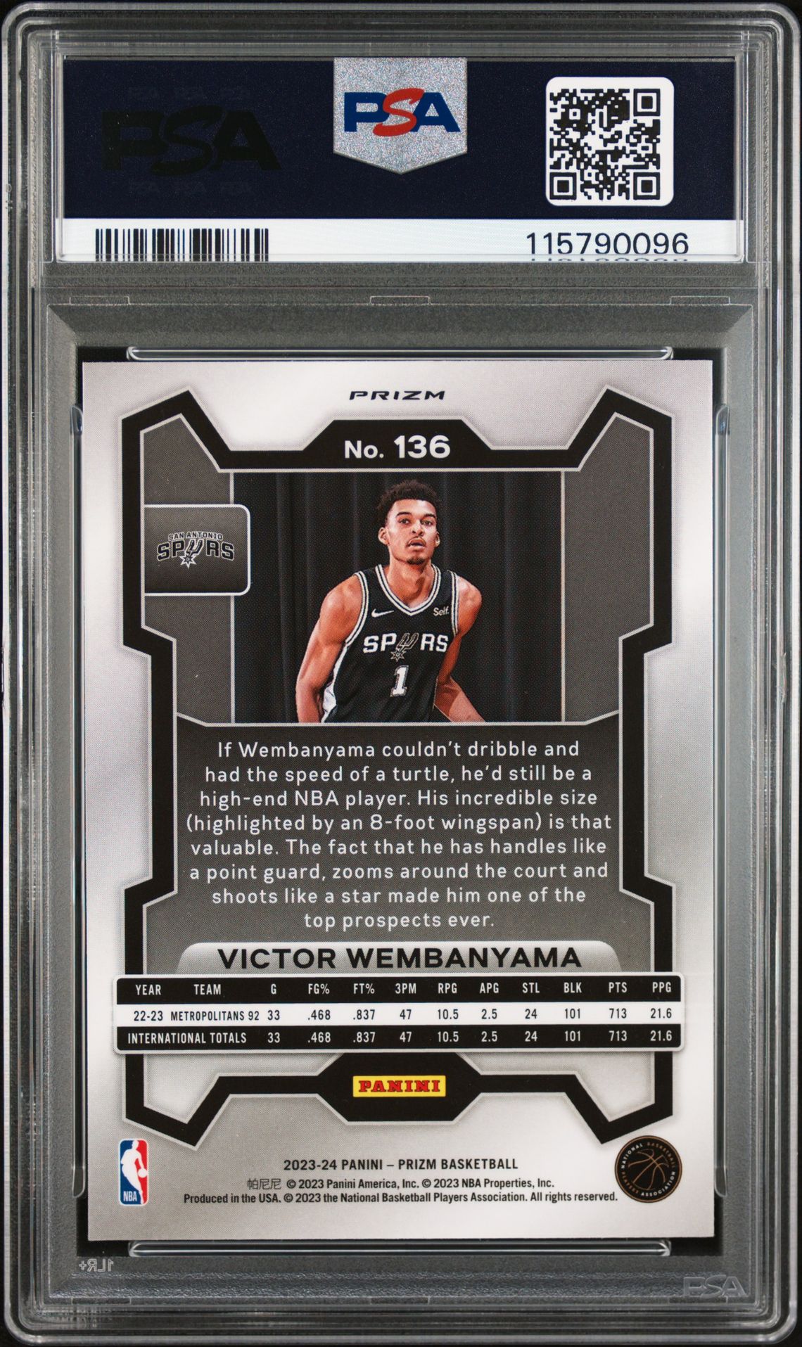 2023 Panini Prizm Victor Wembanyama #136 (Pink Ice) Gem Mt 10 back