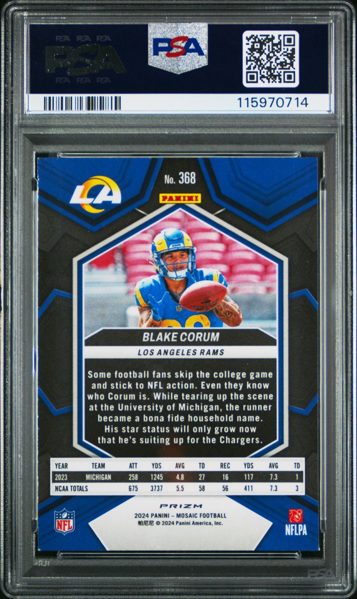 2024 Panini Mosaic Blake Corum #368 (Reactive Yellow) Mint 9 back