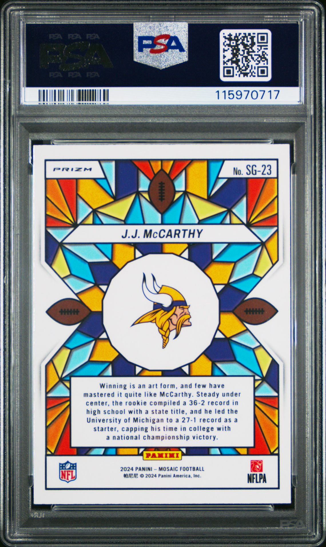 2024 Panini Mosaic Stained Glass Jj Mccarthy #Sg23 Mint 9 back