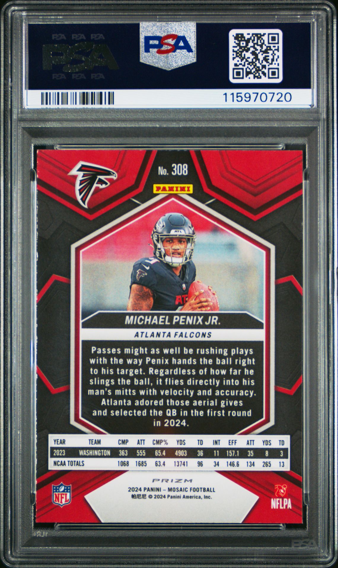 2024 Panini Mosaic Michael Penix Jr. #308 (Camo Pink) Gem Mt 10 back