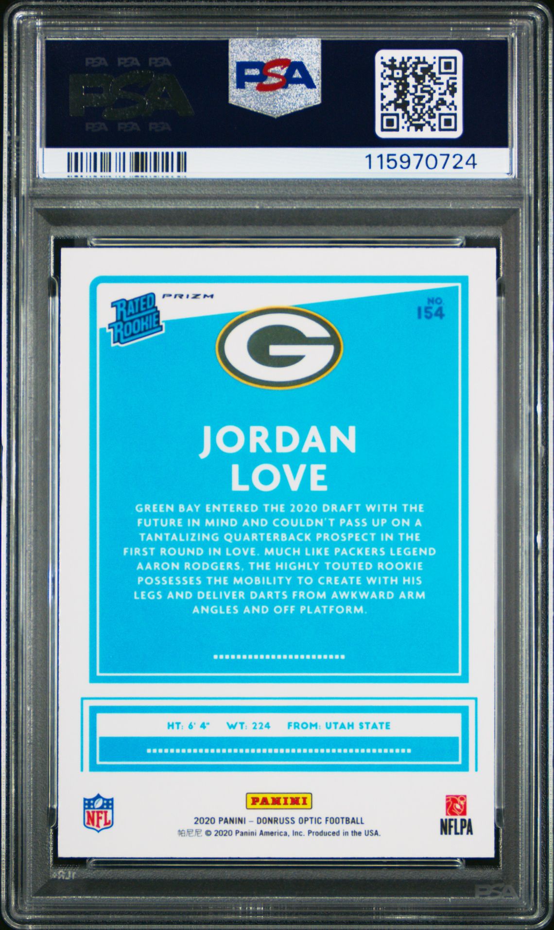 2020 Panini Donruss Optic Jordan Love #154 (Blue Hyper) Gem Mt 10 back