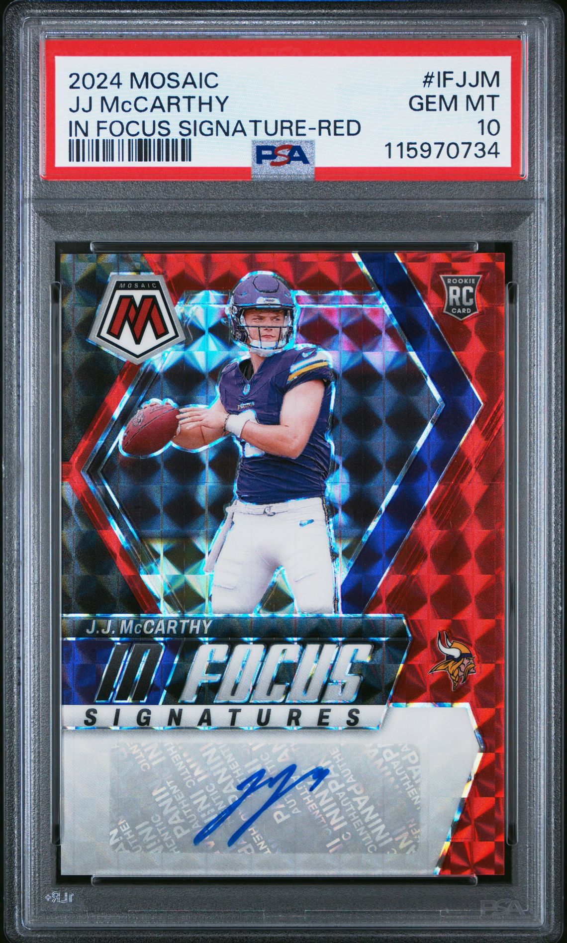 2024 Panini Mosaic In Focus Signatures Jj Mccarthy #Ifjjm (In Focus Signature-Red) Gem Mt 10 front