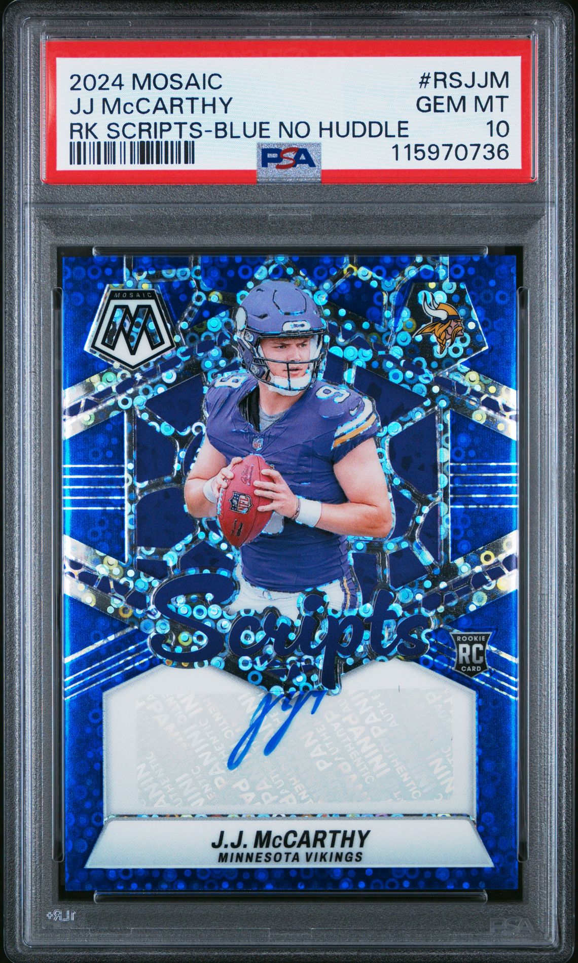 2024 Panini Mosaic Rookie Scripts Jj Mccarthy #Rsjjm (Rk Scripts-Blue No Huddle) Gem Mt 10 front