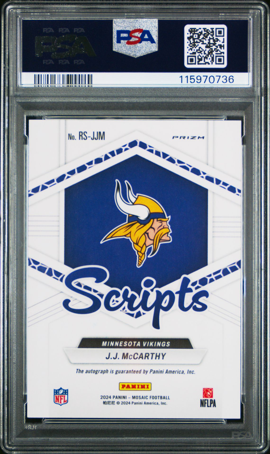 2024 Panini Mosaic Rookie Scripts Jj Mccarthy #Rsjjm (Rk Scripts-Blue No Huddle) Gem Mt 10 back