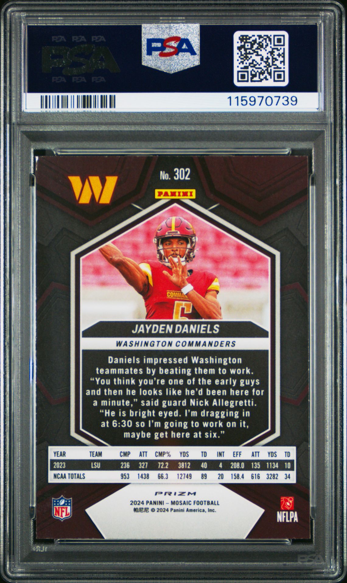 2024 Panini Mosaic Jayden Daniels #302 (Reactive Yellow) Gem Mt 10 back