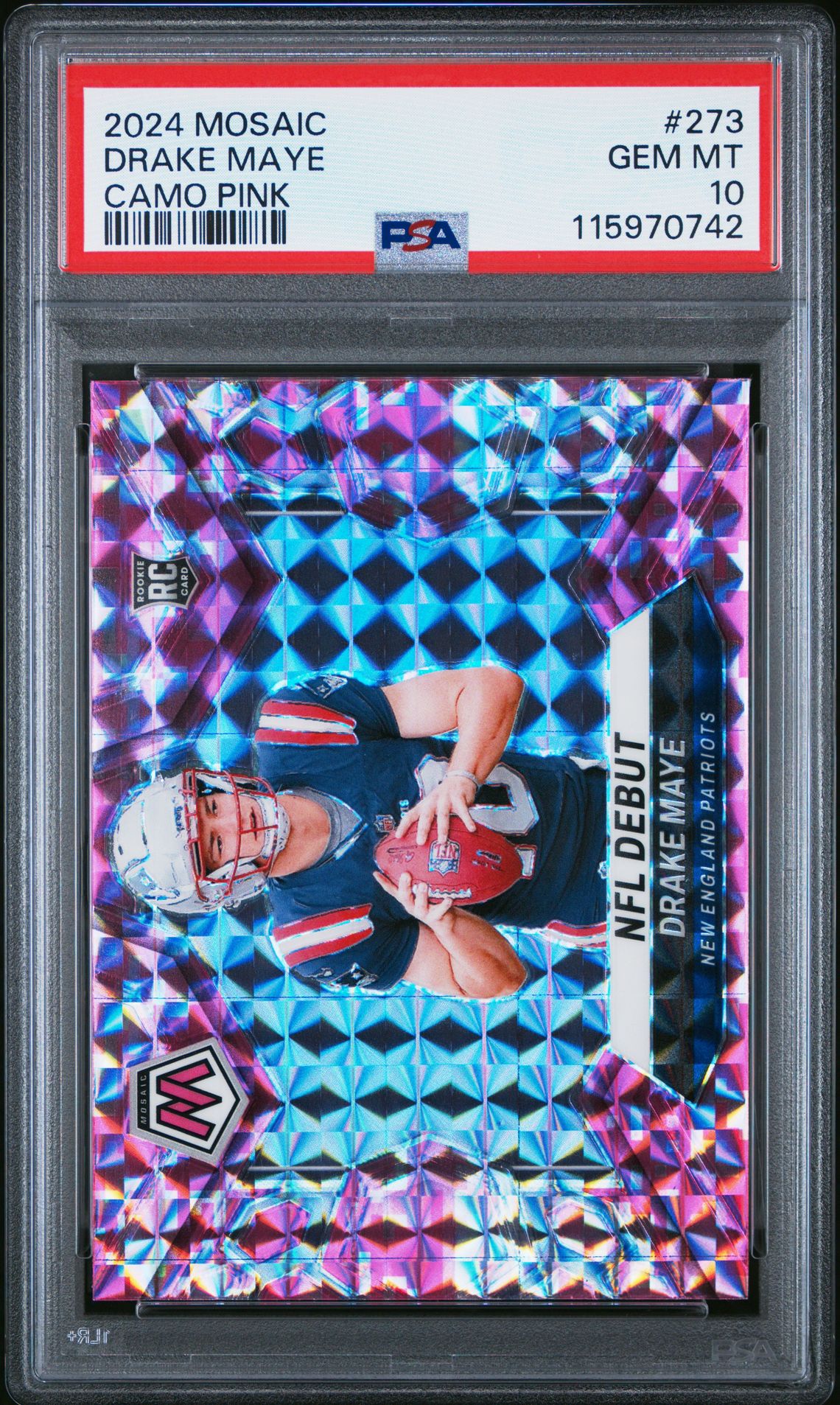 2024 Panini Mosaic Drake Maye #273 (Camo Pink) Gem Mt 10 front
