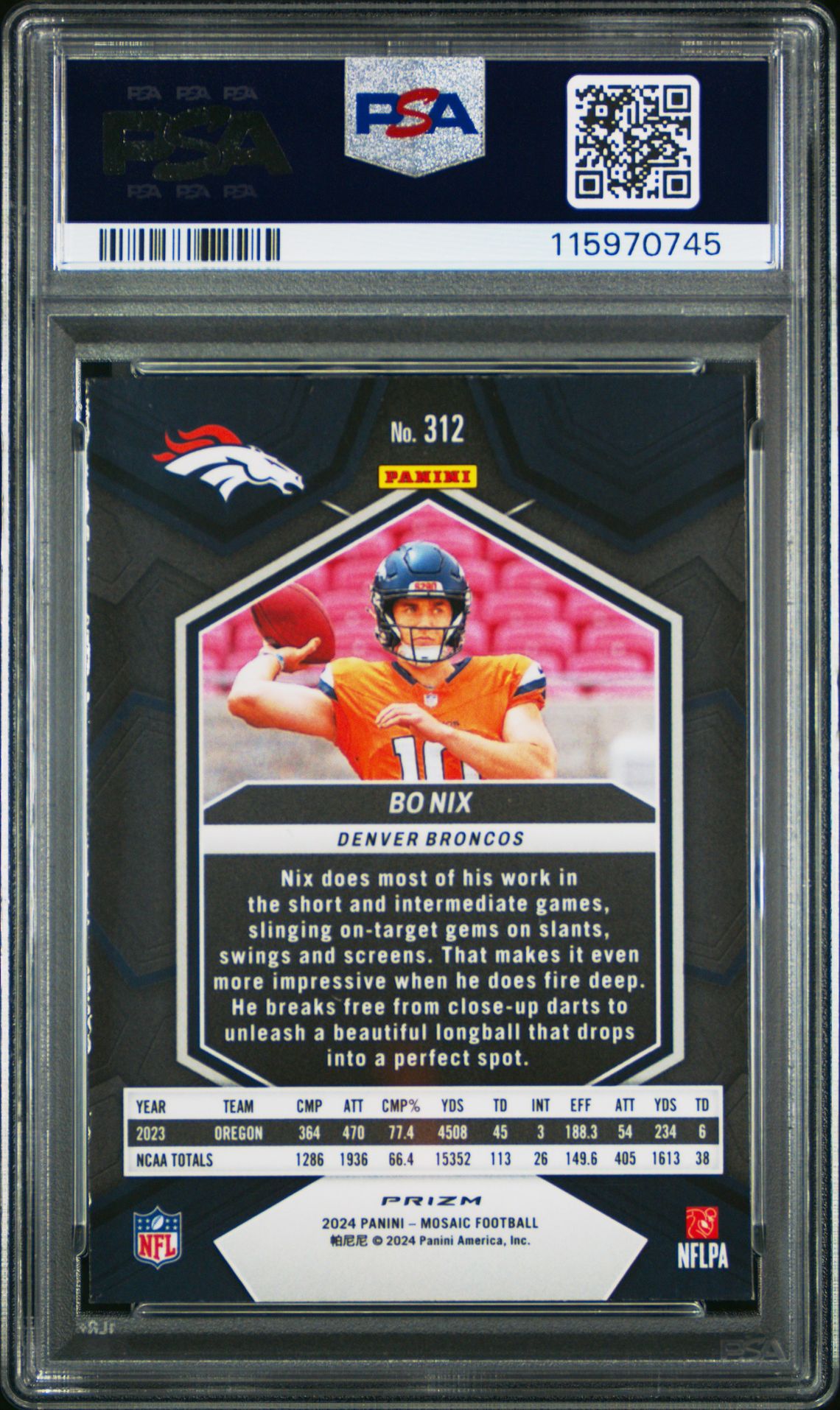 2024 Panini Mosaic Bo Nix #312 (Mosaic) Mint 9 back