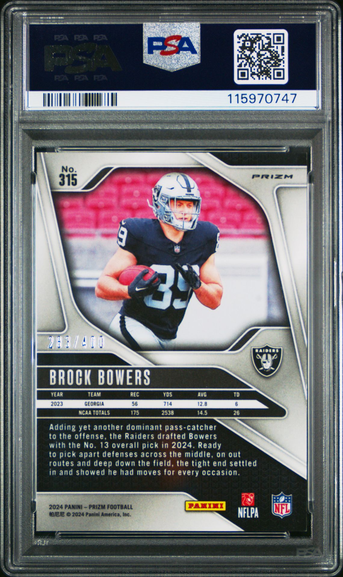 2024 Panini Prizm Brock Bowers #315 (Pandora) Mint 9 back