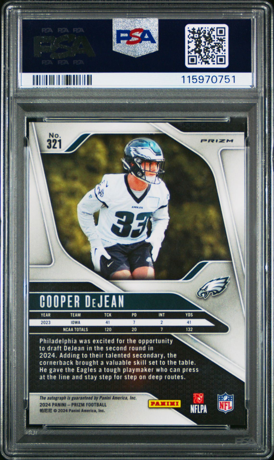 2024 Panini Prizm Cooper Dejean #321 (Autograph-Pink Prizm) Mint 9 back