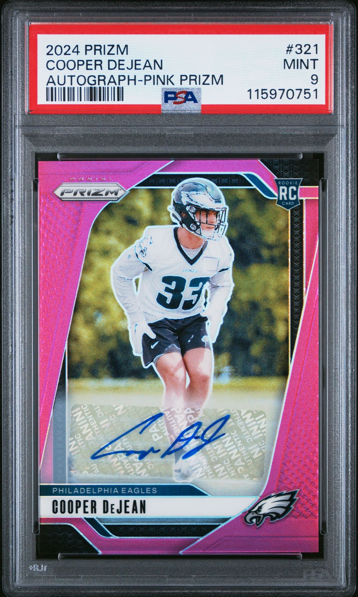 2024 Panini Prizm Cooper Dejean #321 (Autograph-Pink Prizm) Mint 9 front