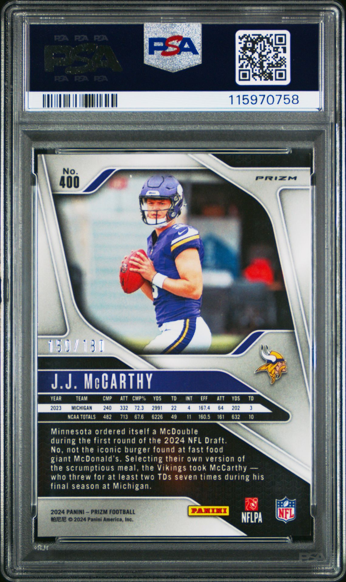 2024 Panini Prizm Jj Mccarthy #400 (Hyper Prizm) Mint 9 back