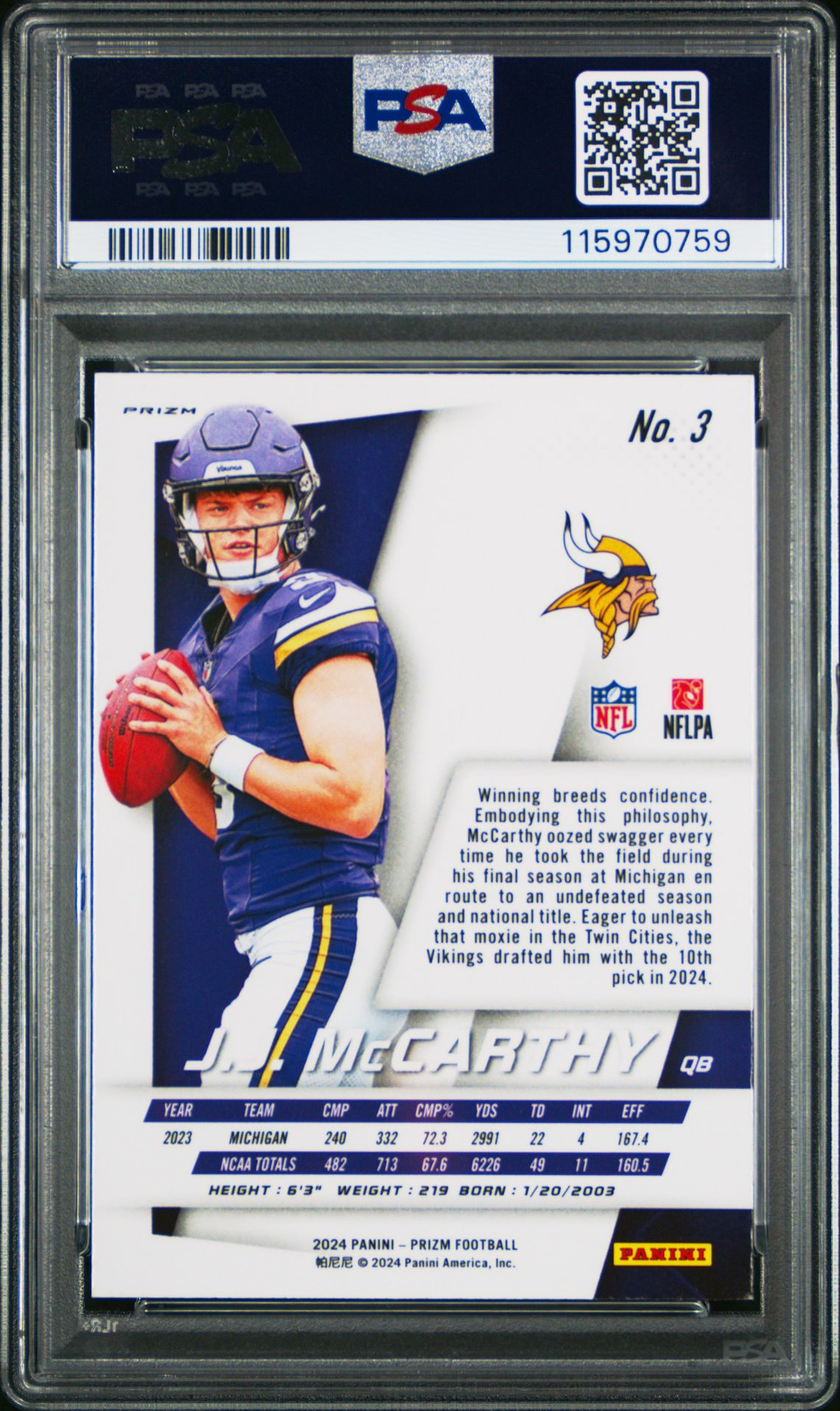 2024 Panini Prizm Prizm Flashback Rookie Jj Mccarthy #3 Mint 9 back