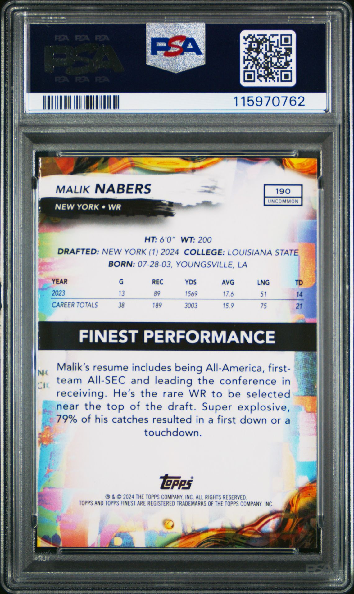 2024 Topps Finest Malik Nabers #190 (Blue Refractor) Nm-Mt 8 back