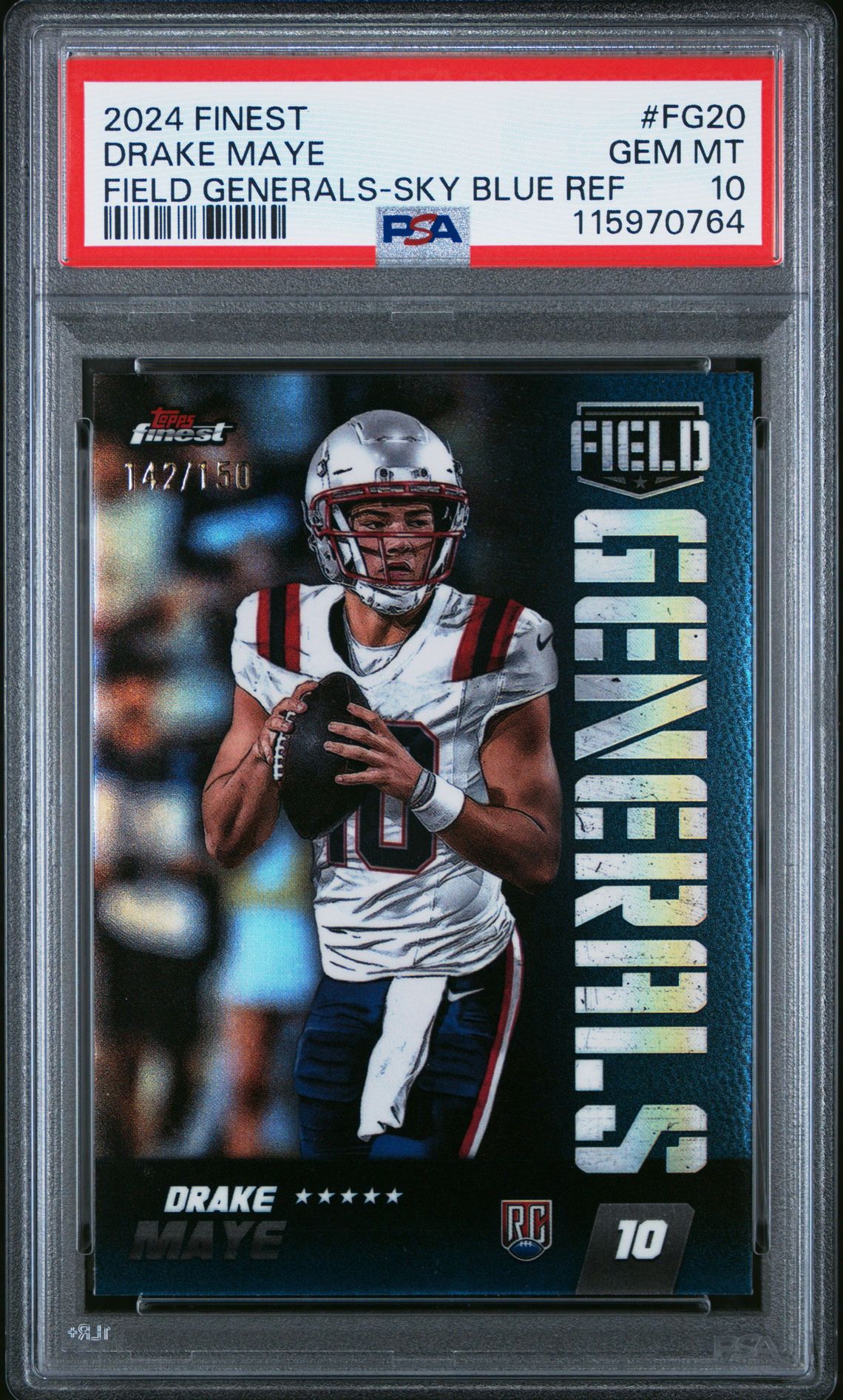 2024 Topps Finest Field Generals Drake Maye #Fg20 (Field Generals-Sky Blue Ref) Gem Mt 10 front