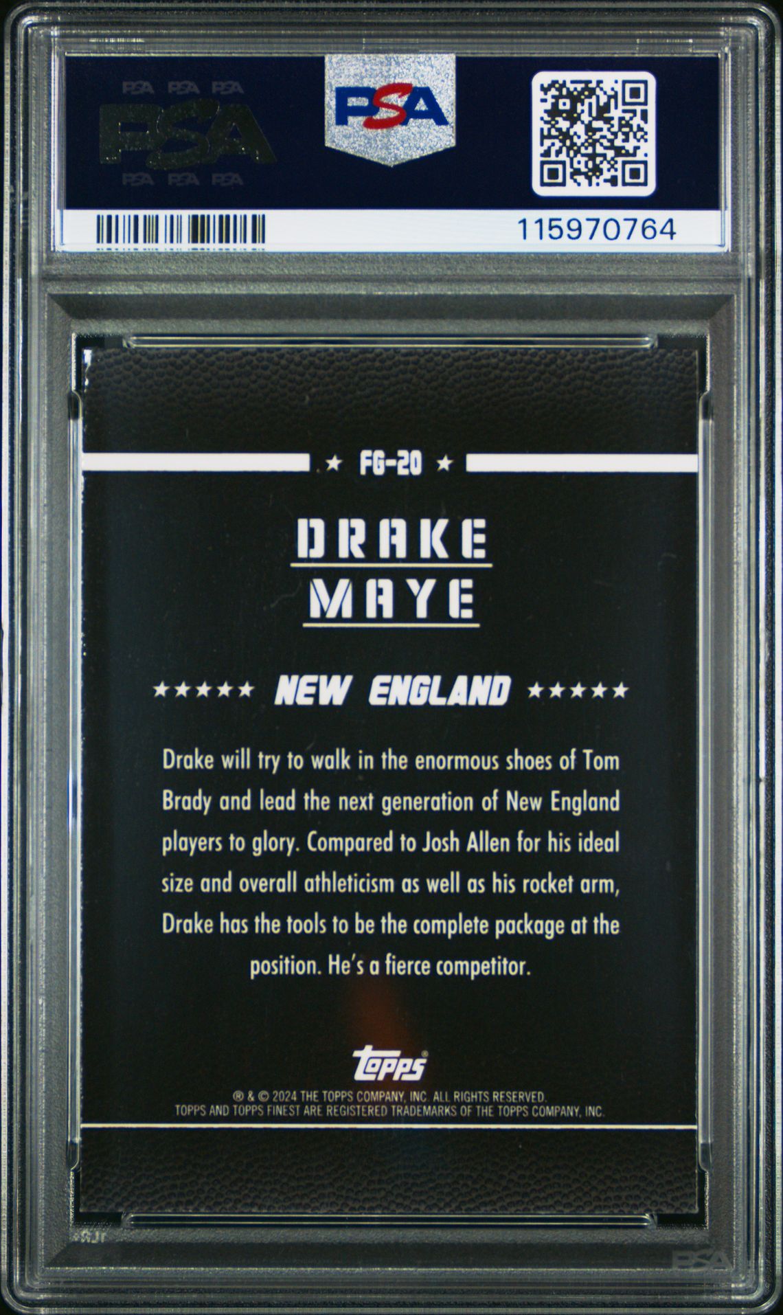 2024 Topps Finest Field Generals Drake Maye #Fg20 (Field Generals-Sky Blue Ref) Gem Mt 10 back