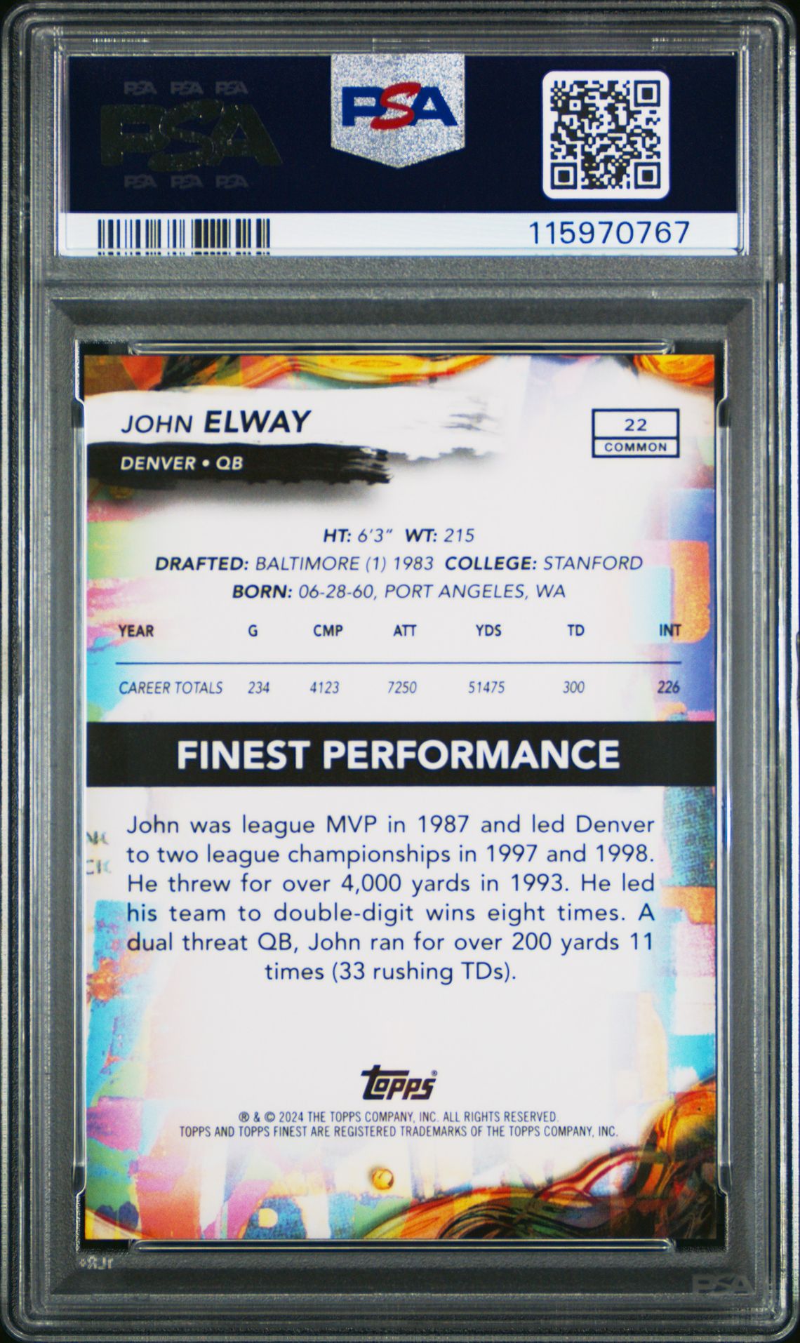 2024 Topps Finest John Elway #22 (Oil Spill Geometric) Gem Mt 10 back