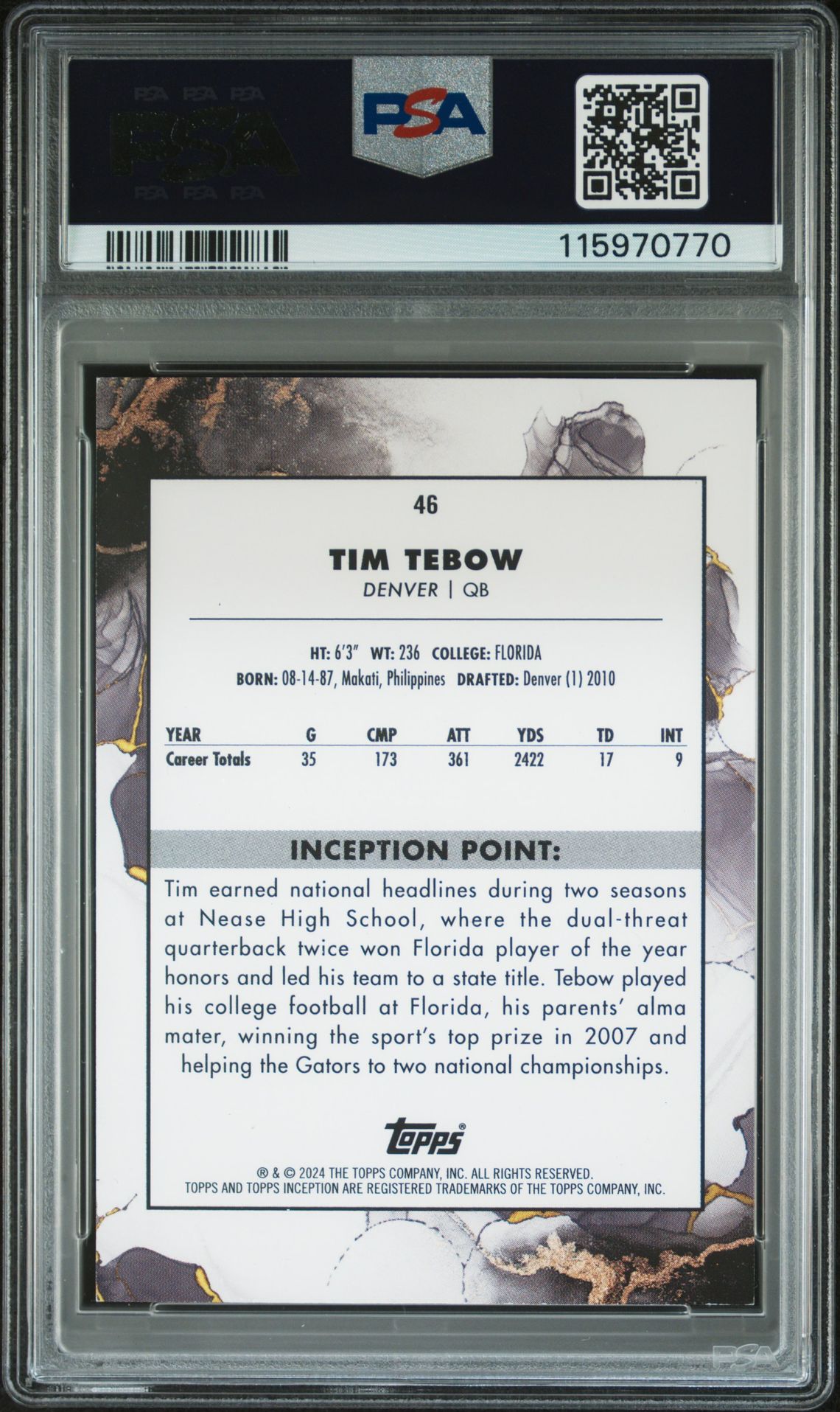 2024 Topps Inception Tim Tebow #46 (Orange) Mint 9 back