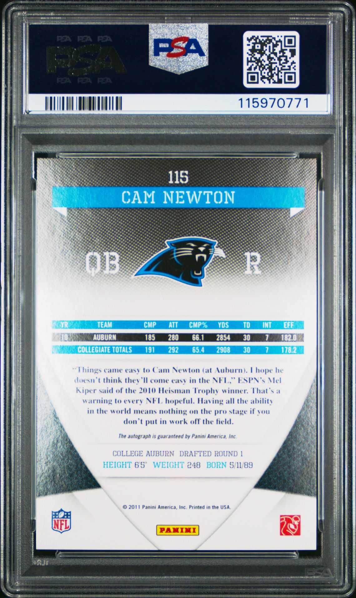 2011 Donruss Elite Cam Newton #115 (Turn Of Century-Auto.) Mint 9 back