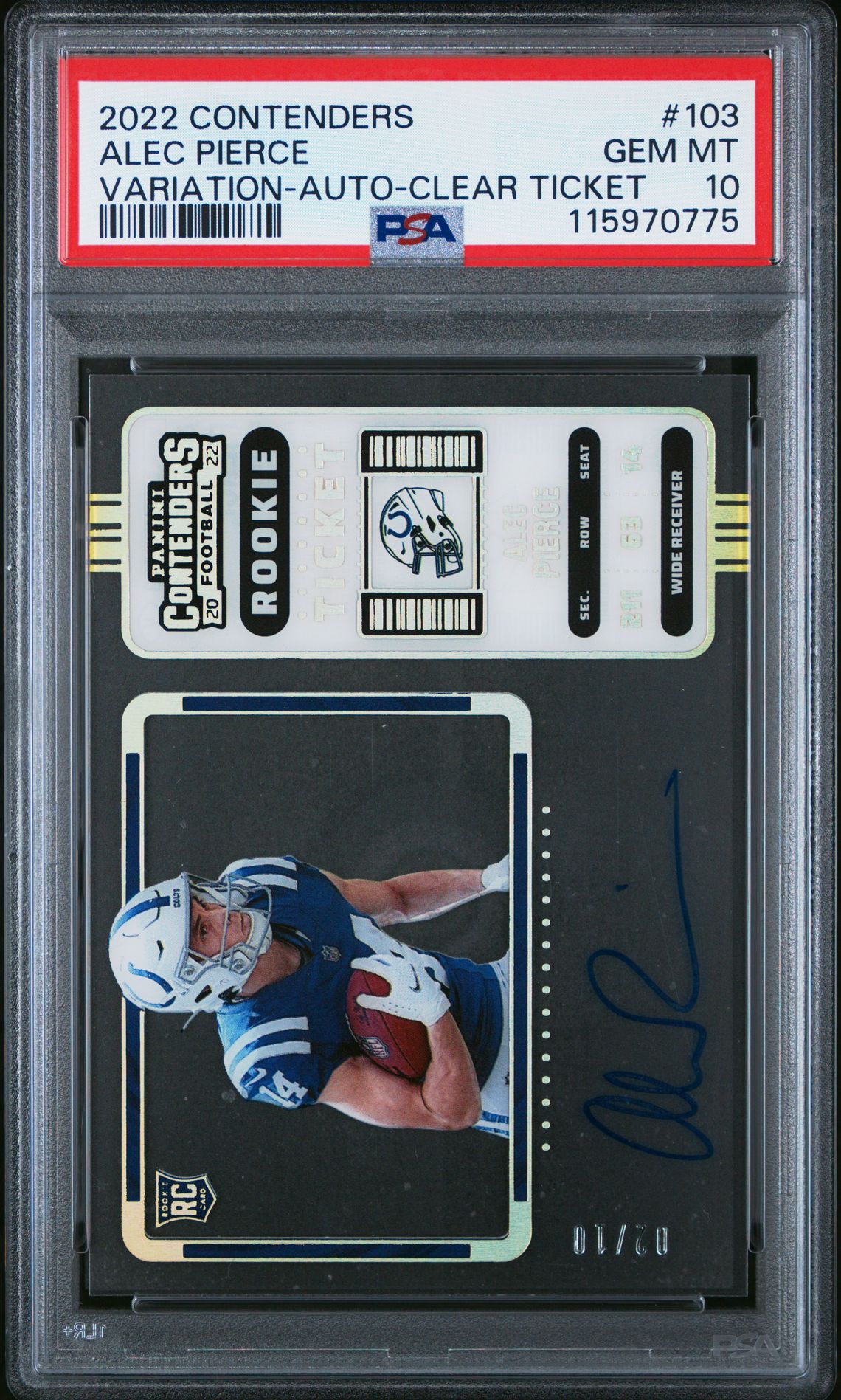2022 Panini Contenders Alec Pierce #103 (Variation-Auto-Clear Ticket) Gem Mt 10 front