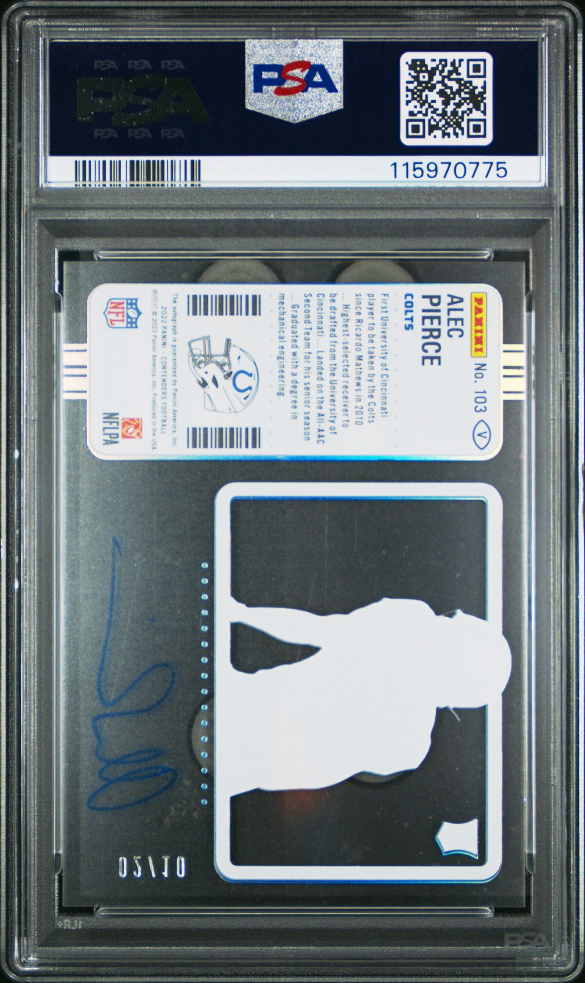 2022 Panini Contenders Alec Pierce #103 (Variation-Auto-Clear Ticket) Gem Mt 10 back