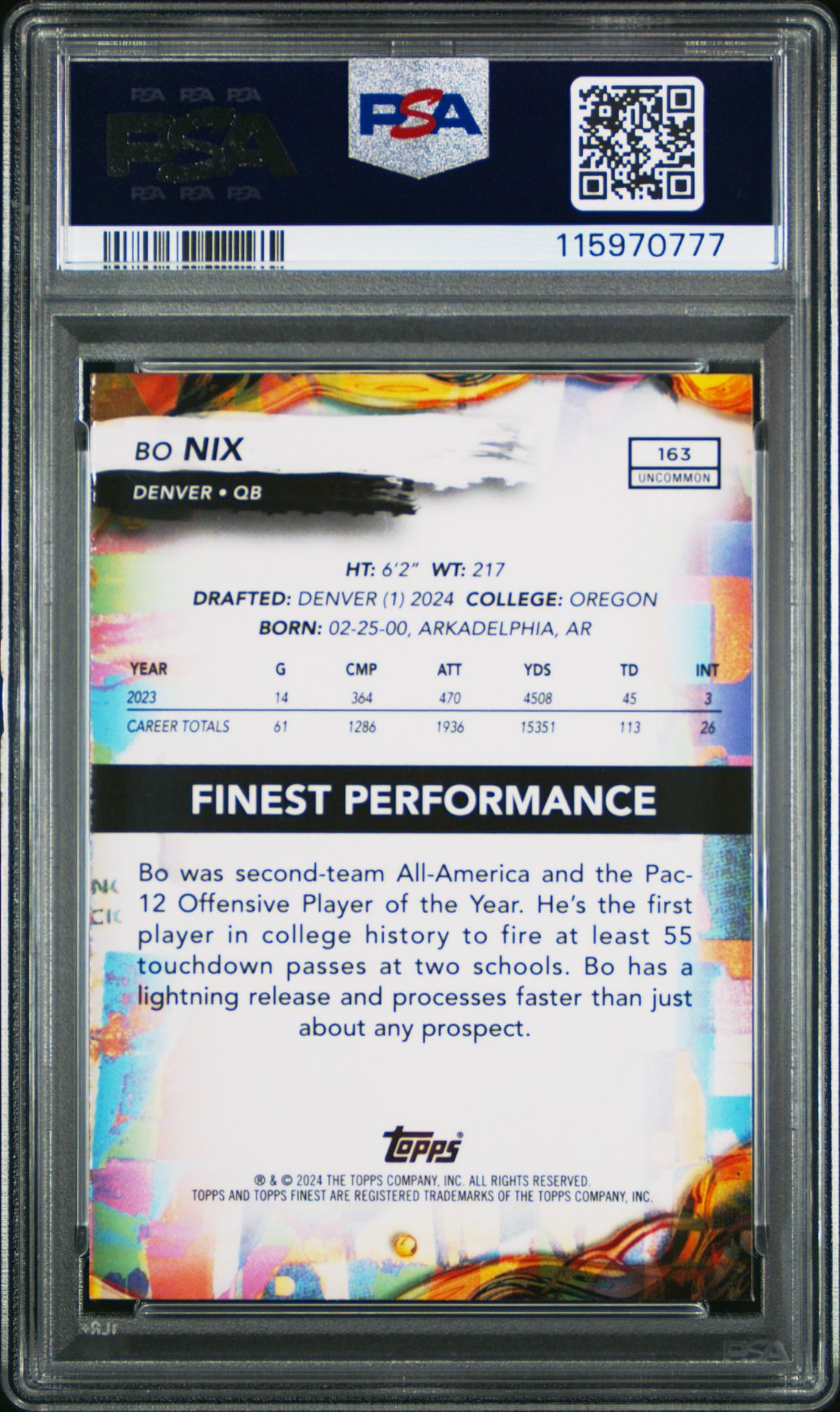 2024 Topps Finest Bo Nix #163 (Blue Refractor) Mint 9 back