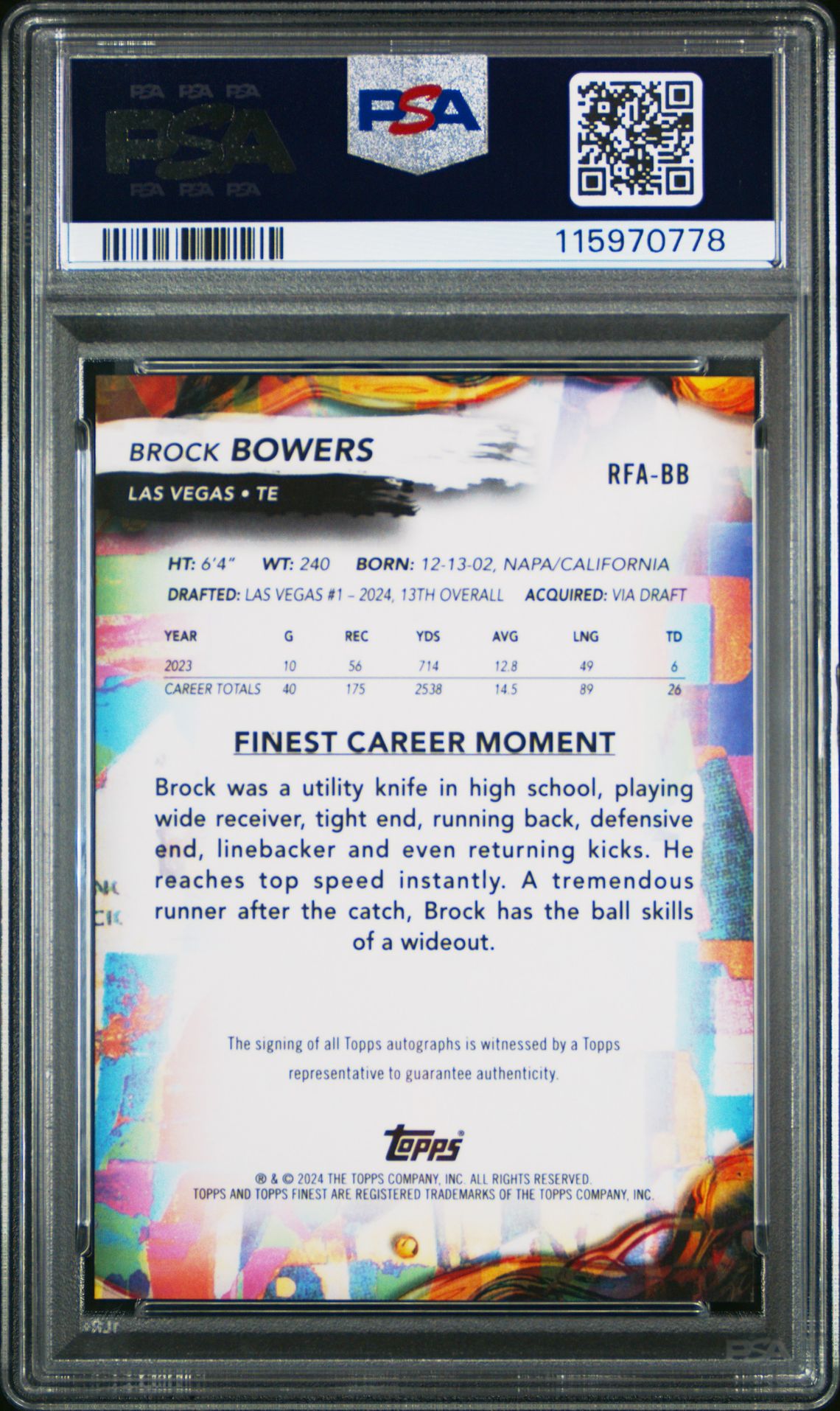 2024 Topps Finest Rookie Finest Autographs Brock Bowers #Rfabb Gem Mt 10 back