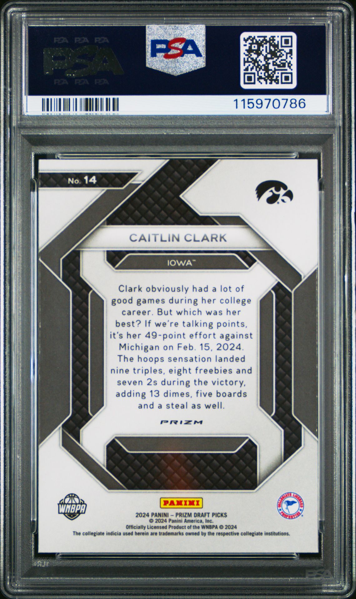 2024 Panini Prizm Draft Picks New Recruits Caitlin Clark #14 (New Recruits-Ice) Gem Mt 10 back