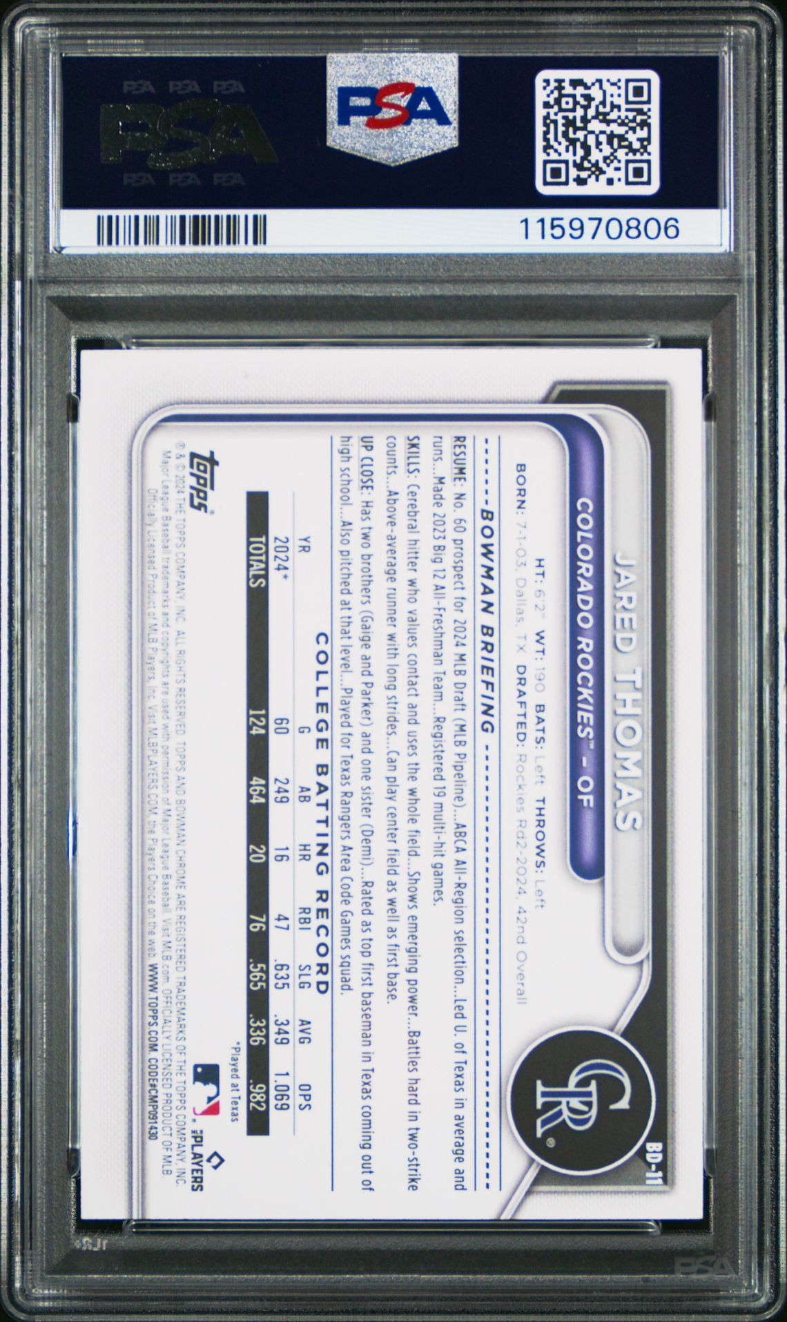 2024 Bowman Draft Jared Thomas #Bd11 (Orange) Mint 9 back