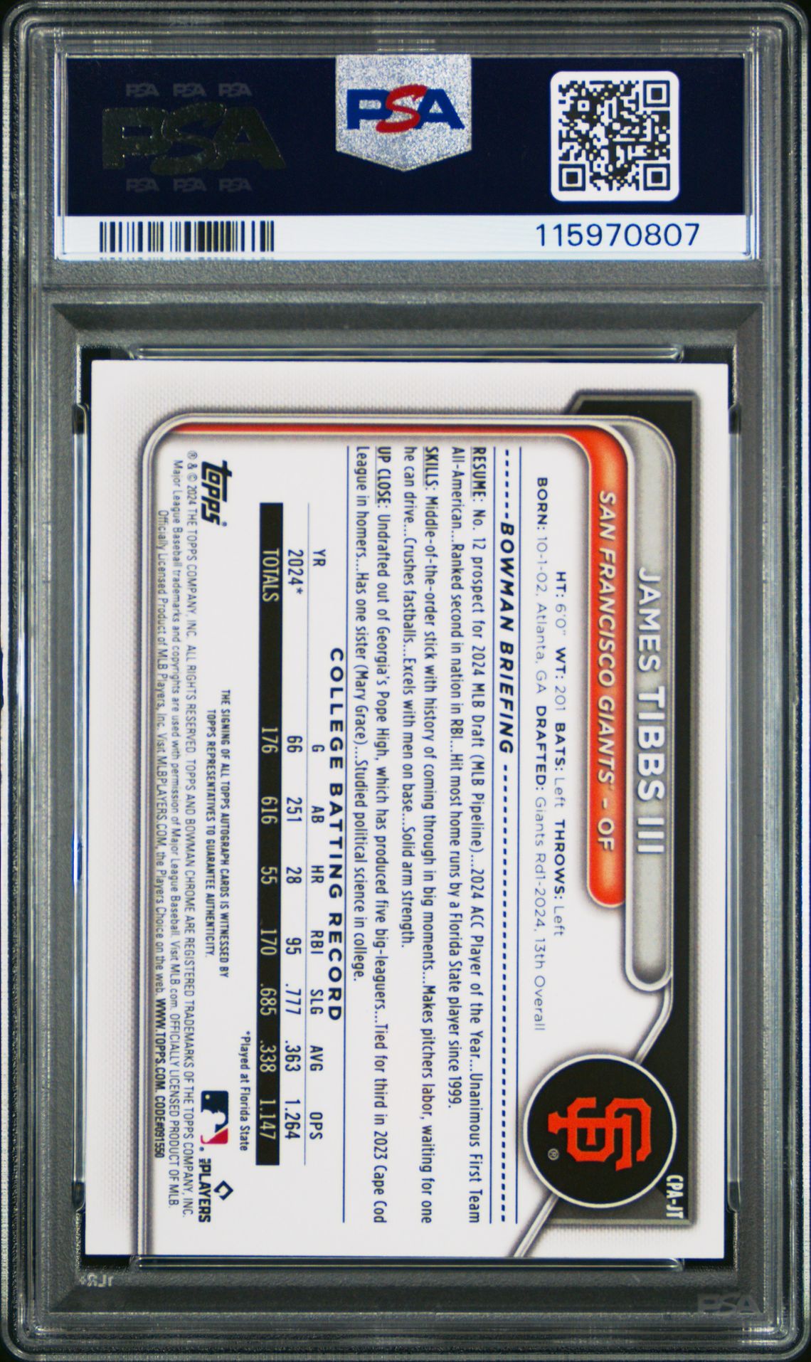 2024 Bowman Draft Chrome Prospect Autographs James Tibbs Iii #Cpajt Mint 9 back