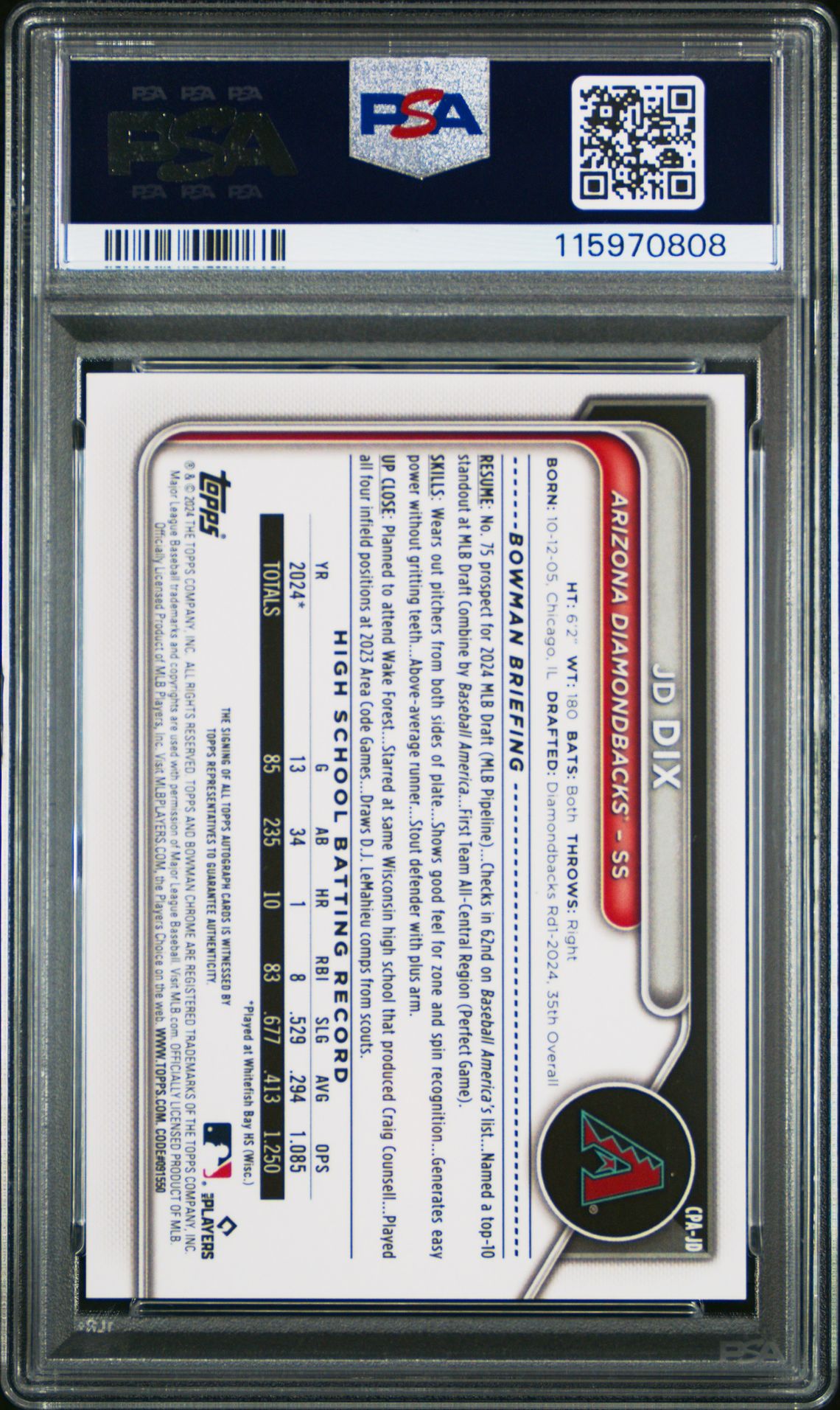 2024 Bowman Draft Chrome Prospect Autographs Jd Dix #Cpajd Gem Mt 10 back