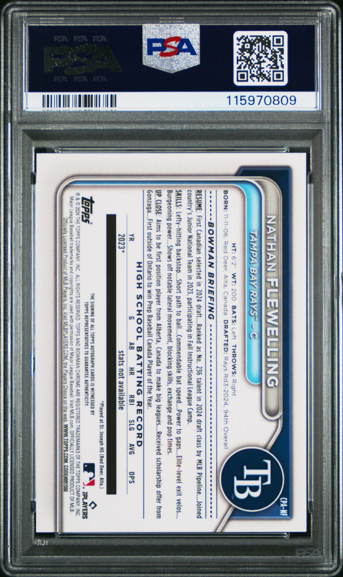 2024 Bowman Draft Chrome Prospect Autographs Nathan Flewelling #Cpanf Mint 9 back