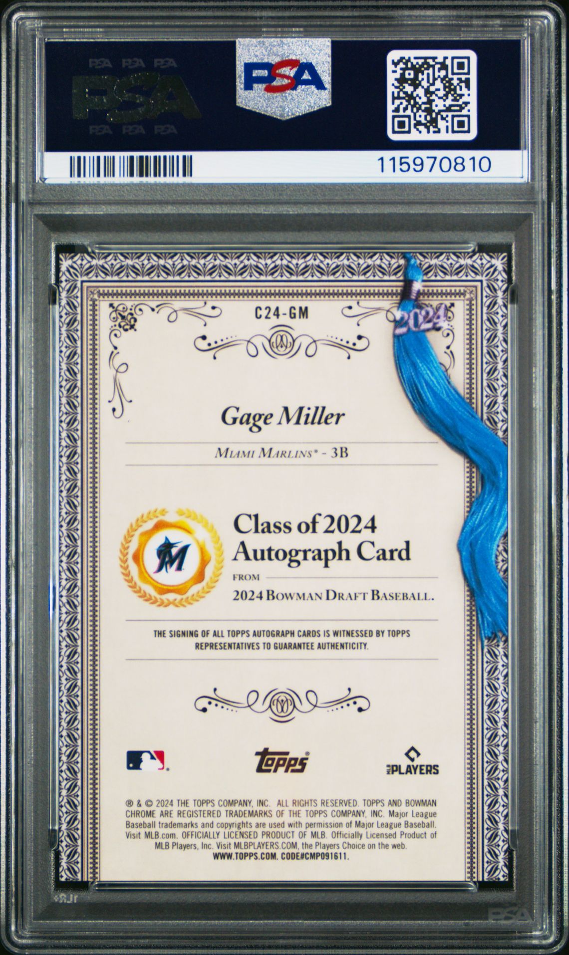 2024 Bowman Draft Class Of 2024 Autographs Gage Miller #C24Gm (Class Of 2024 Auto-Red Ref) Gem Mt 10 back