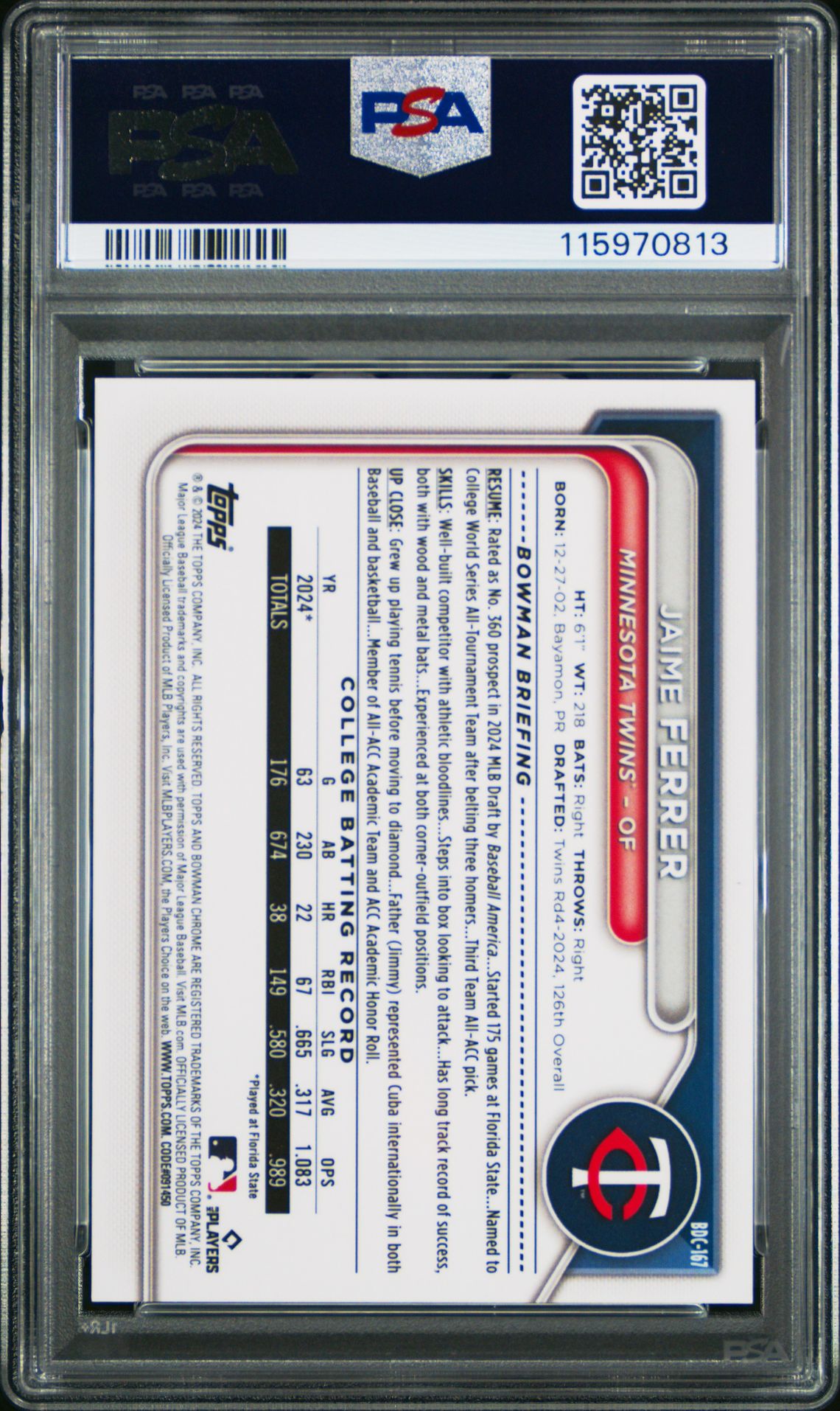 2024 Bowman Draft Sapphire Edition Jaime Ferrer #Bdc167 (Orange) Mint 9 back