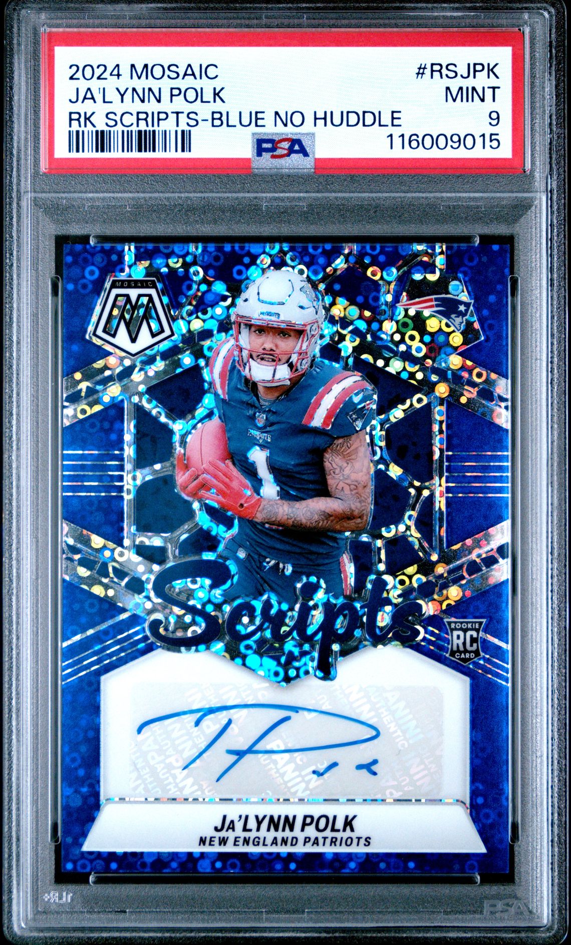 2024 Panini Mosaic Rookie Scripts Ja'lynn Polk #Rsjpk (Rk Scripts-Blue No Huddle) Mint 9 front