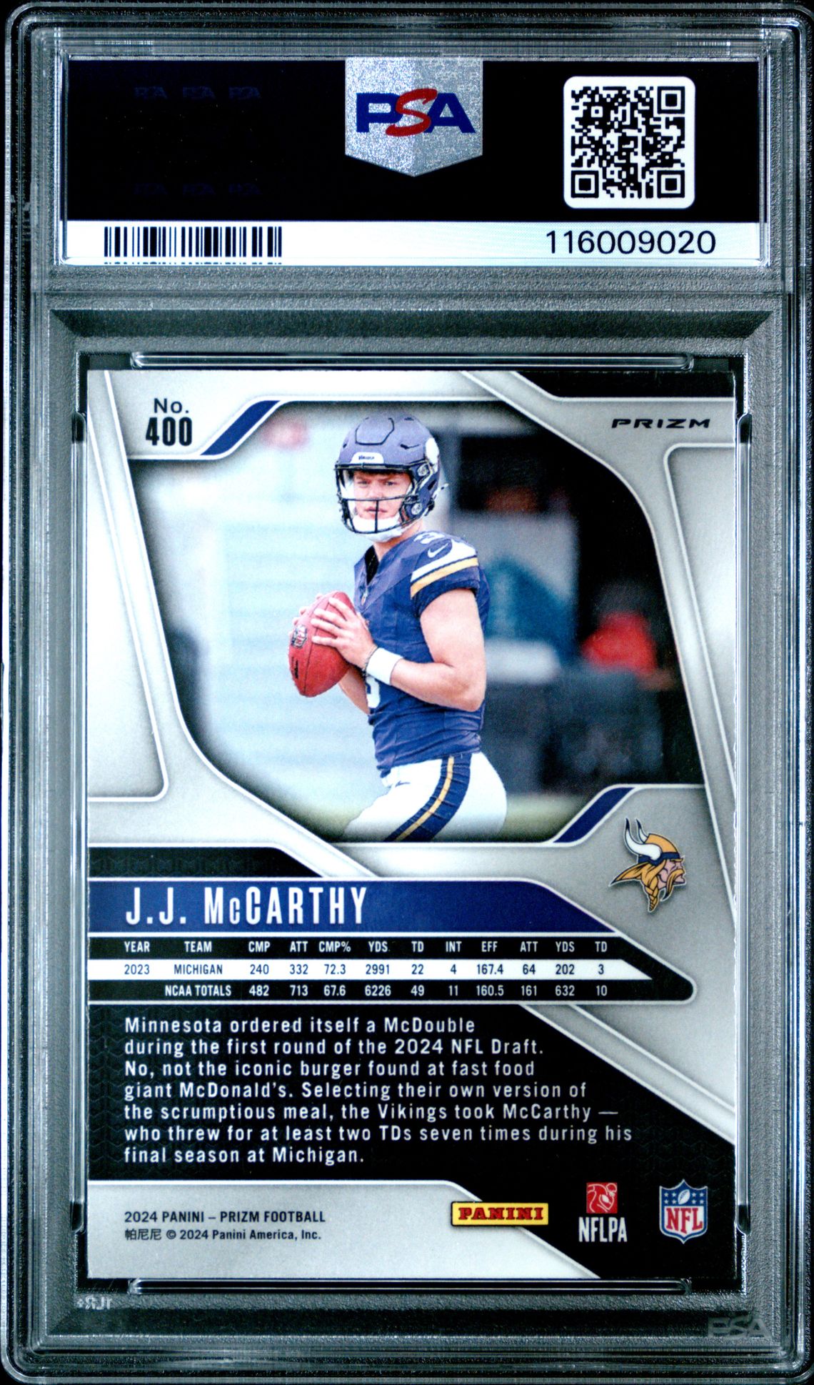 2024 Panini Prizm Jj Mccarthy #400 (Silver Prizm) Mint 9 back