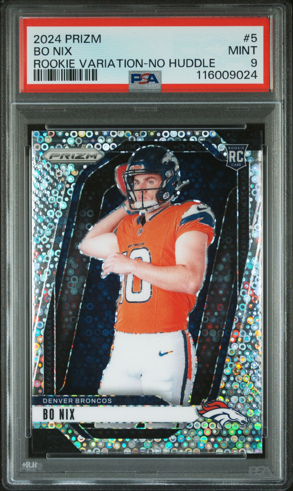 2024 Panini Prizm Rookie Variation Bo Nix #5 (Rookie Variation-No Huddle) Mint 9 front