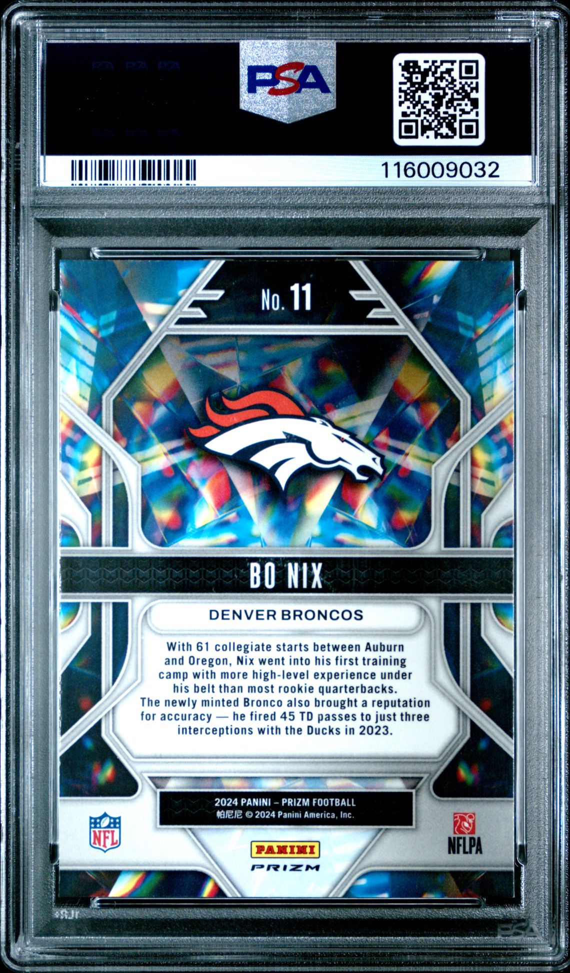 2024 Panini Prizm Prizmatic Bo Nix #11 (Prizmatic-Green Ice) Mint 9 back