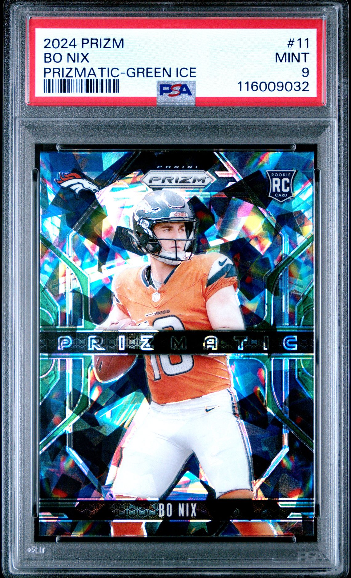2024 Panini Prizm Prizmatic Bo Nix #11 (Prizmatic-Green Ice) Mint 9 front